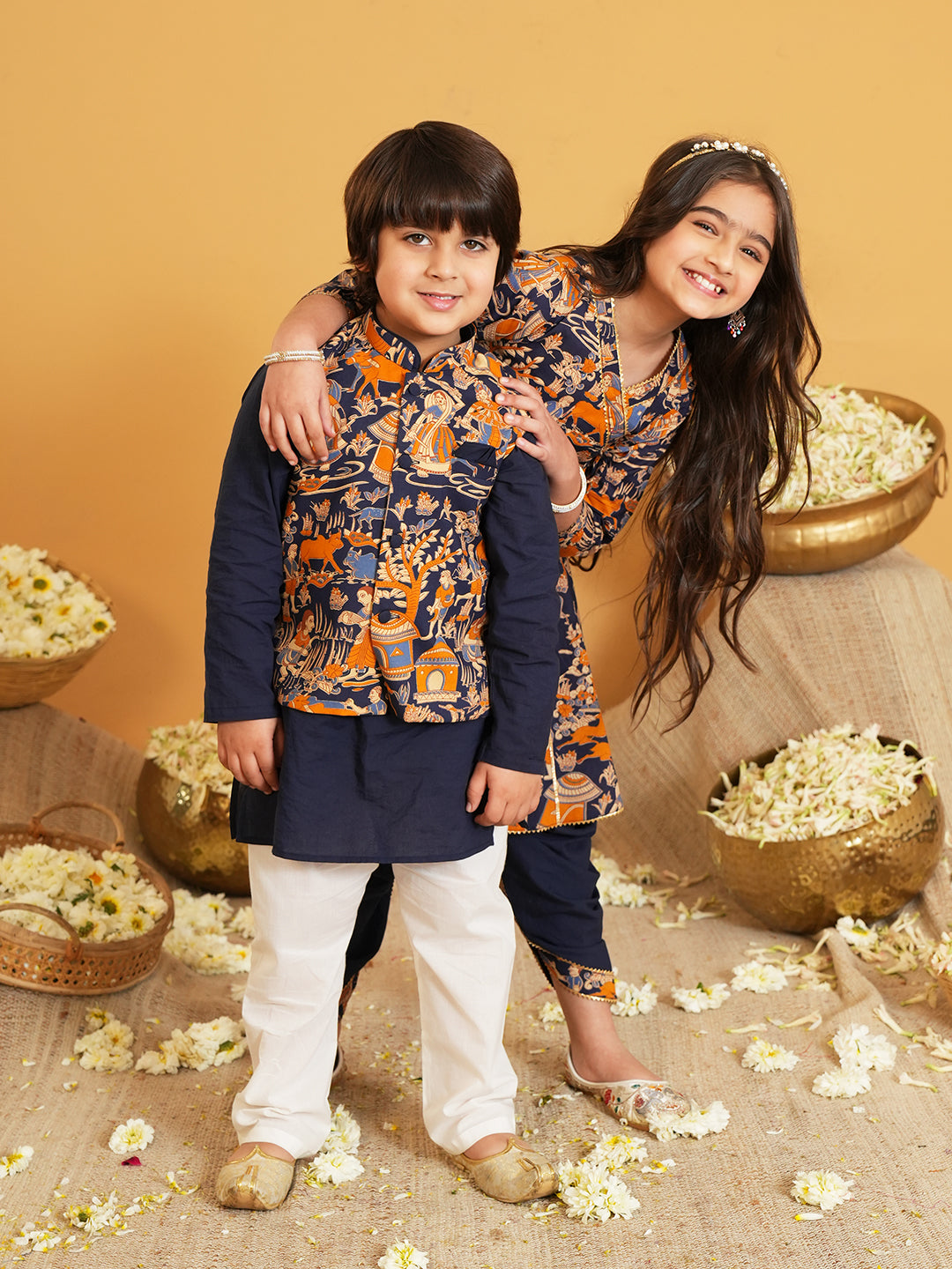 Navy-blue Printed Pure Cotton Kurta Pyjama Waist Coat Set For Boys