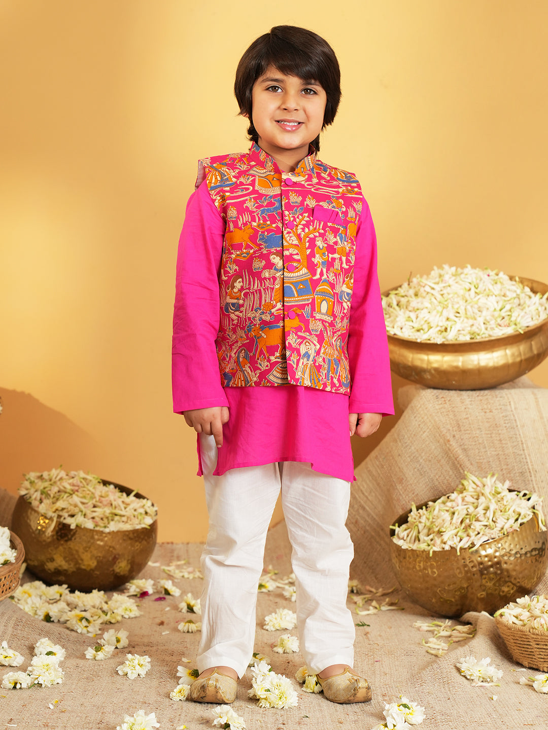 Pink Printed Pure Cotton Kurta Pyjama Waist Coat Set For Boys And Kurti and Dhoti Set For Girls - Sibling set
