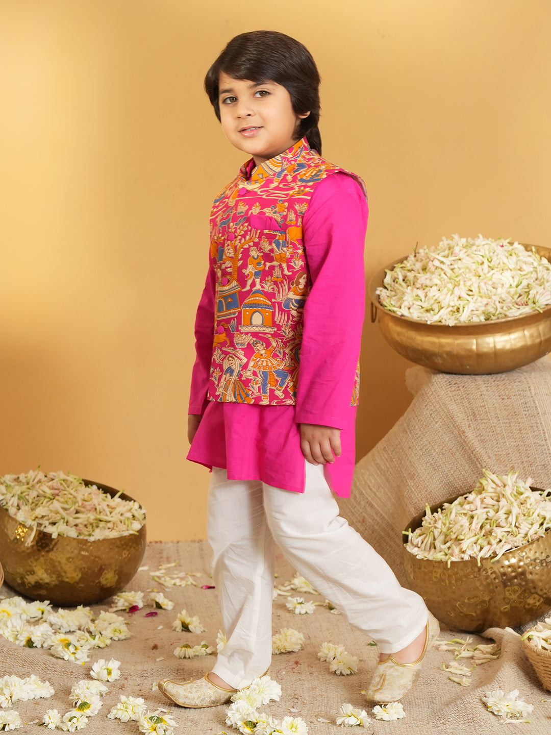 Pink Printed Pure Cotton Full Sleeve Kurta Pyjama With Waist Coat Set For Kids Boys