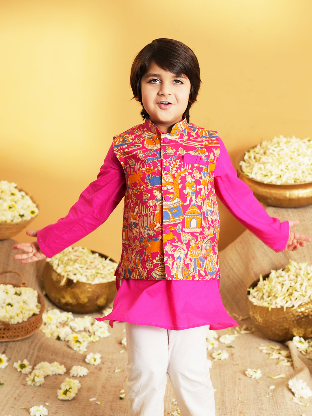 Pink Printed Pure Cotton Kurta Pyjama Waist Coat Set For Boys And Kurti and Dhoti Set For Girls - Sibling set