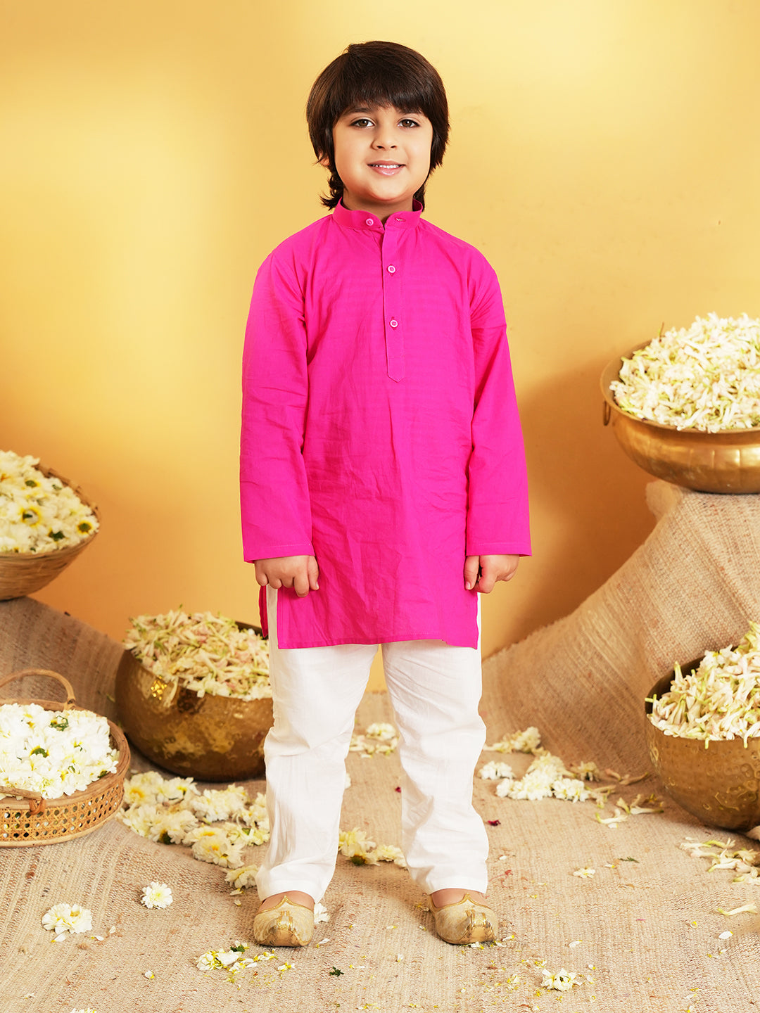 Pink Printed Pure Cotton Full Sleeve Kurta Pyjama With Waist Coat Set For Kids Boys