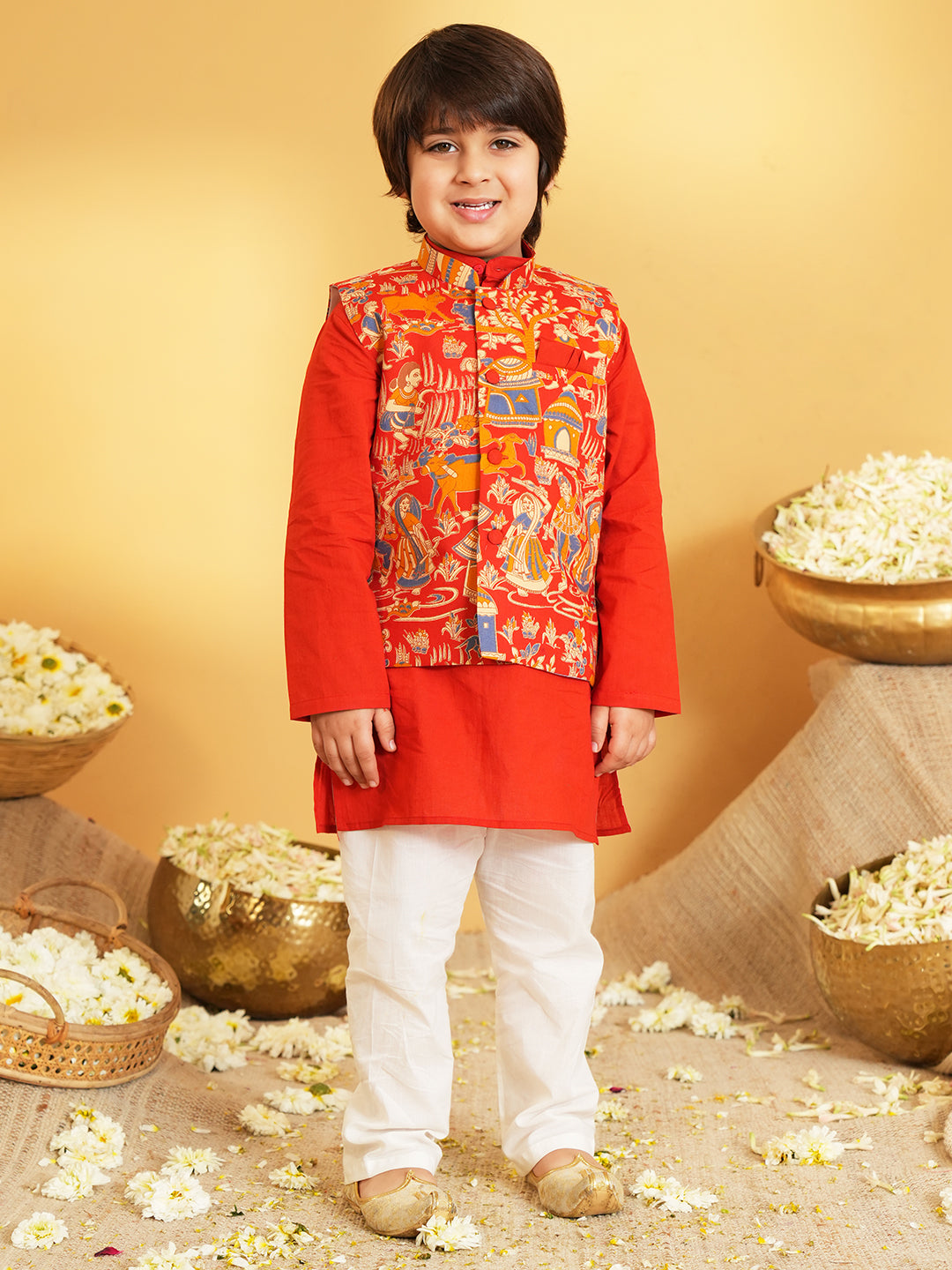 Red Printed Pure Cotton Full Sleeve Kurta Pyjama With Waist Coat Set For Kids Boy