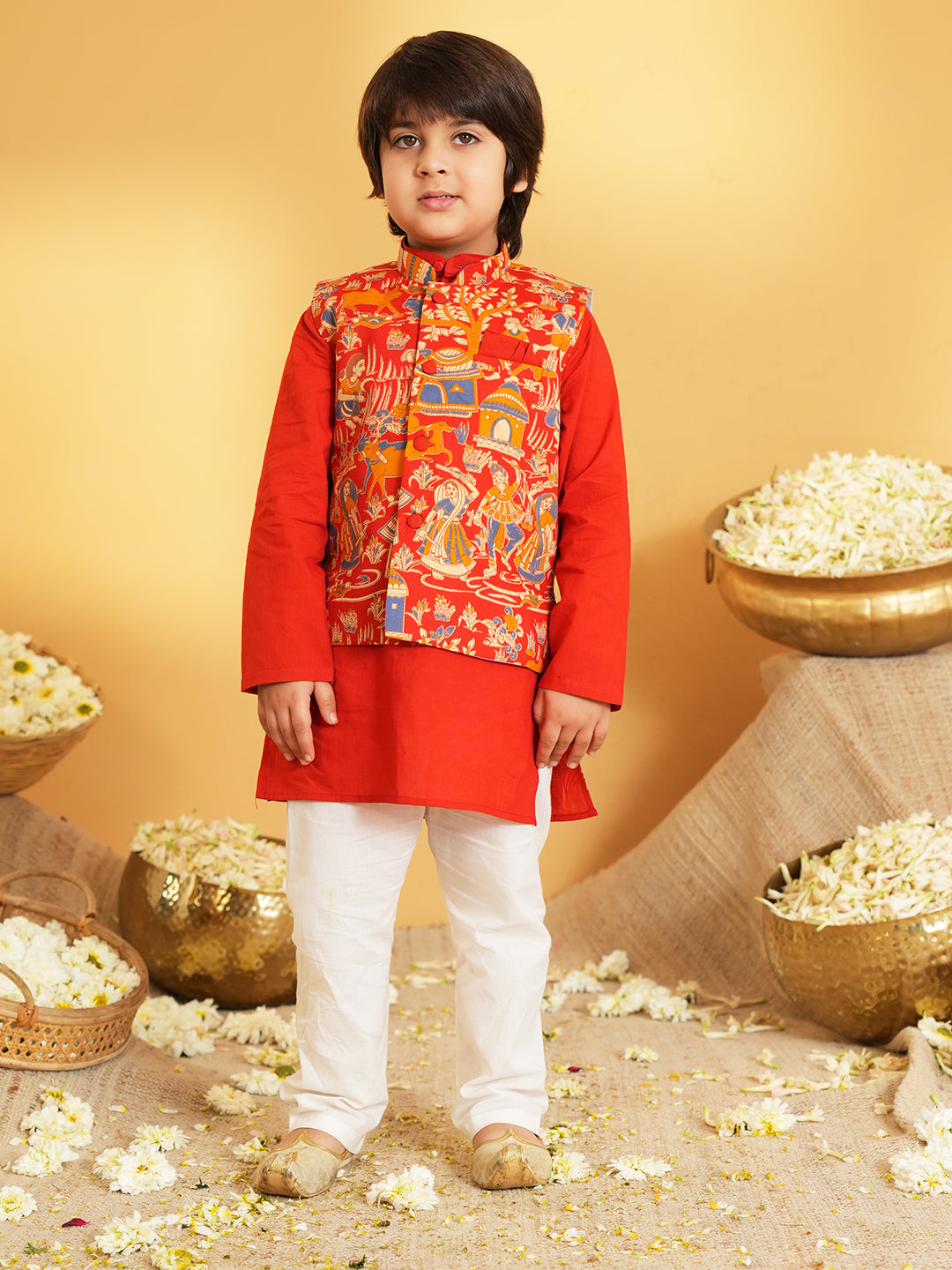 Red Printed Pure Cotton Full Sleeve Kurta Pyjama With Waist Coat Set For Kids Boy