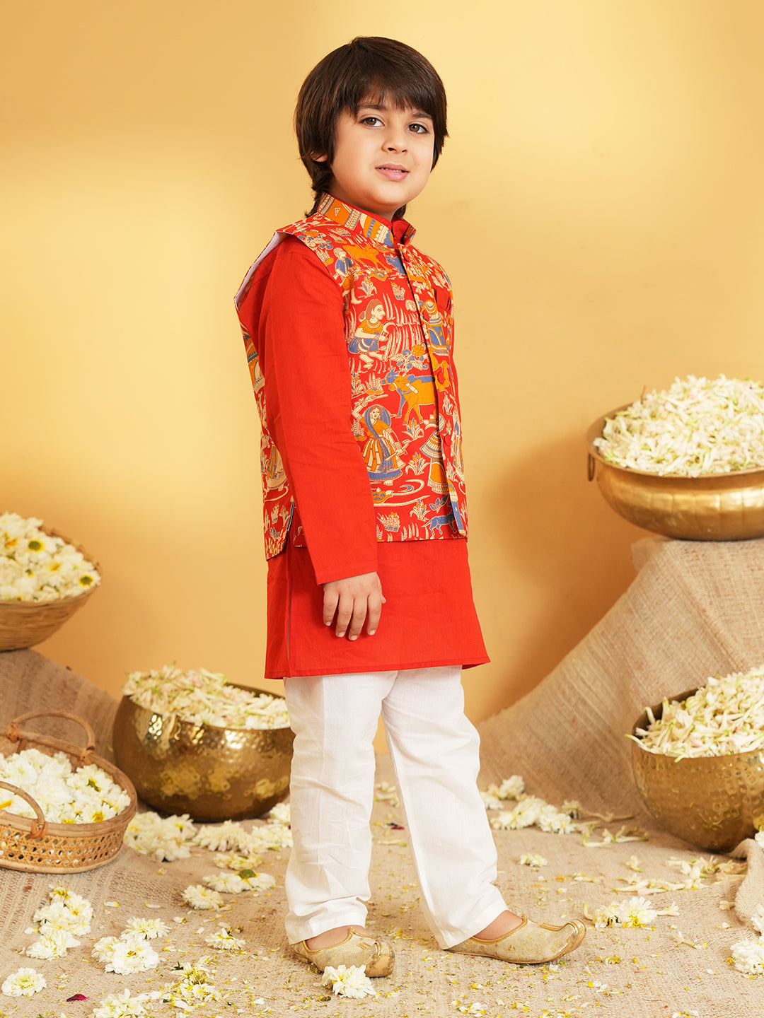 Red Printed Pure Cotton Full Sleeve Kurta Pyjama With Waist Coat Set For Kids Boy