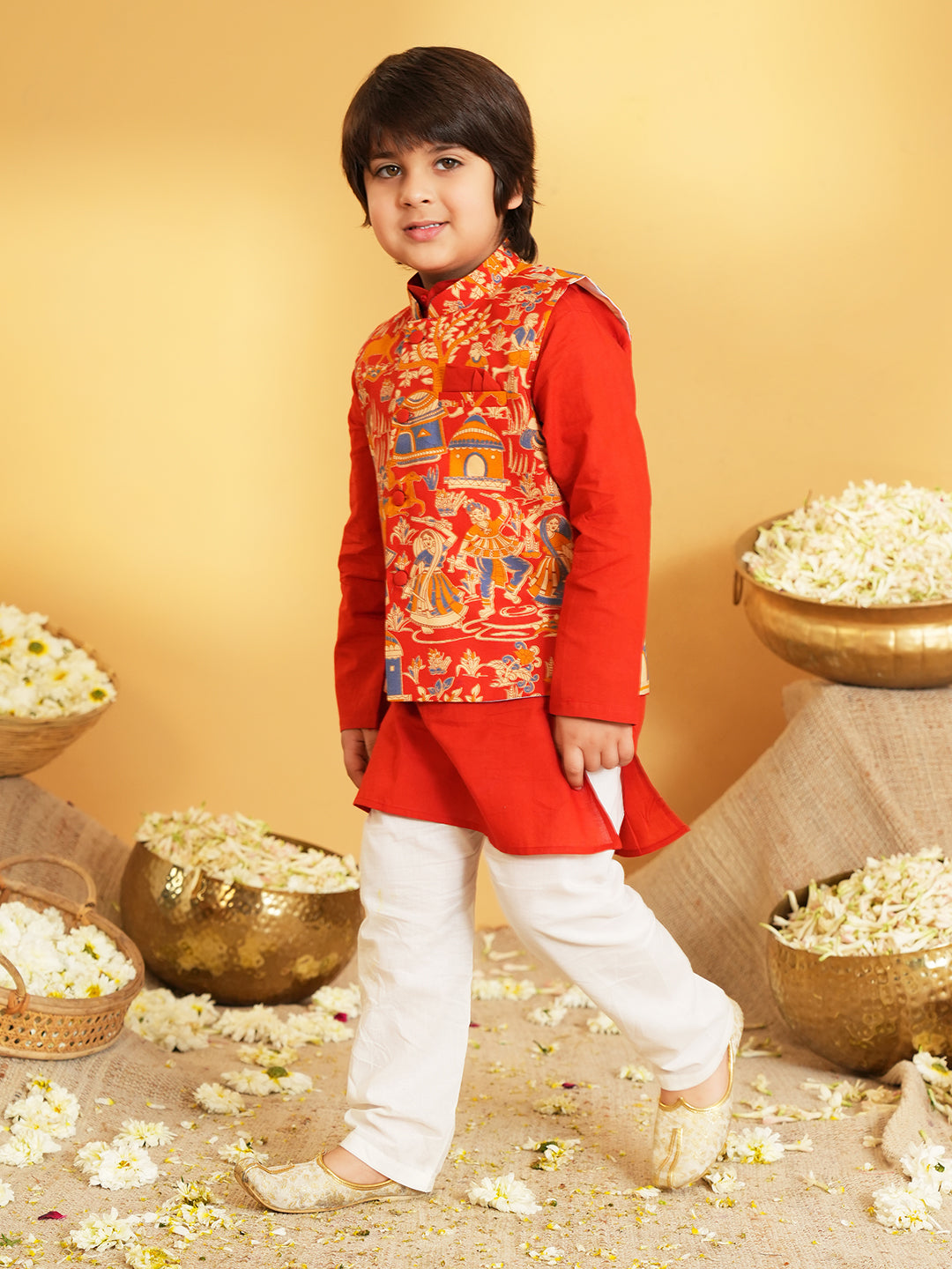 Red Printed Pure Cotton Full Sleeve Kurta Pyjama With Waist Coat Set For Kids Boy