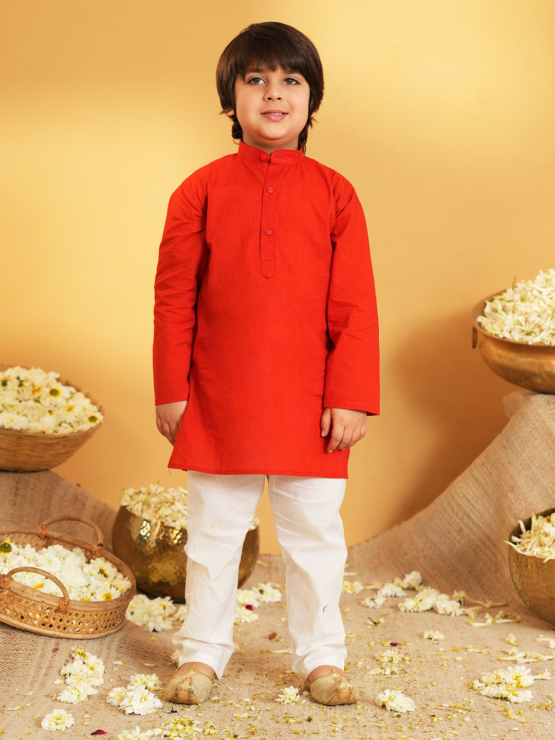 Red Printed Pure Cotton Full Sleeve Kurta Pyjama With Waist Coat Set For Kids Boy