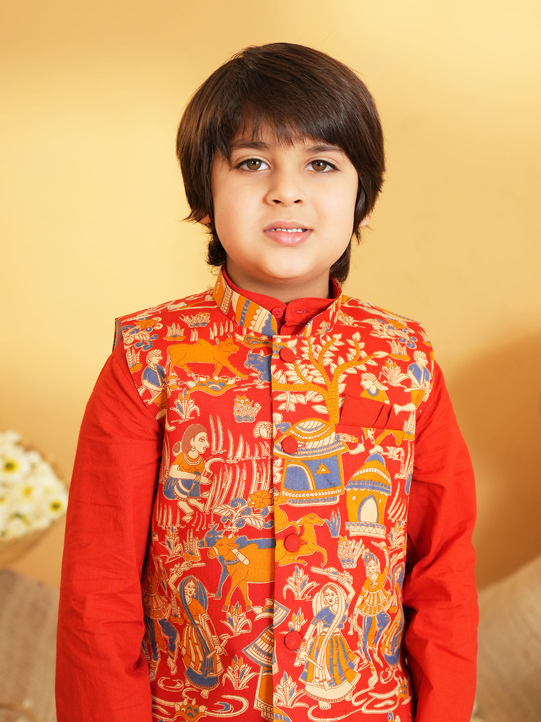 Red Printed Pure Cotton Full Sleeve Kurta Pyjama With Waist Coat Set For Kids Boy