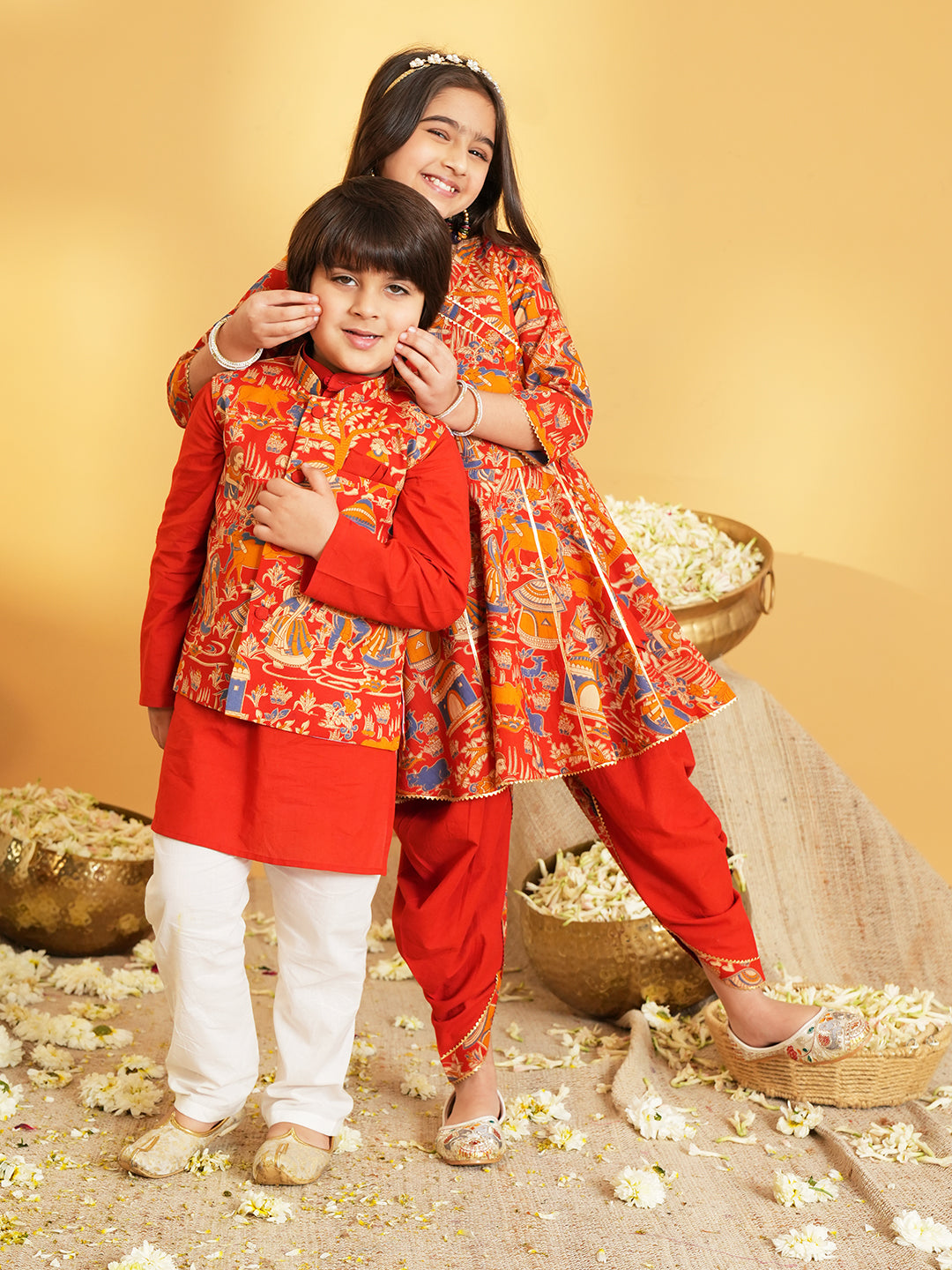 Red Printed Pure Cotton Full Sleeve Kurta Pyjama With Waist Coat Set For Kids Boy