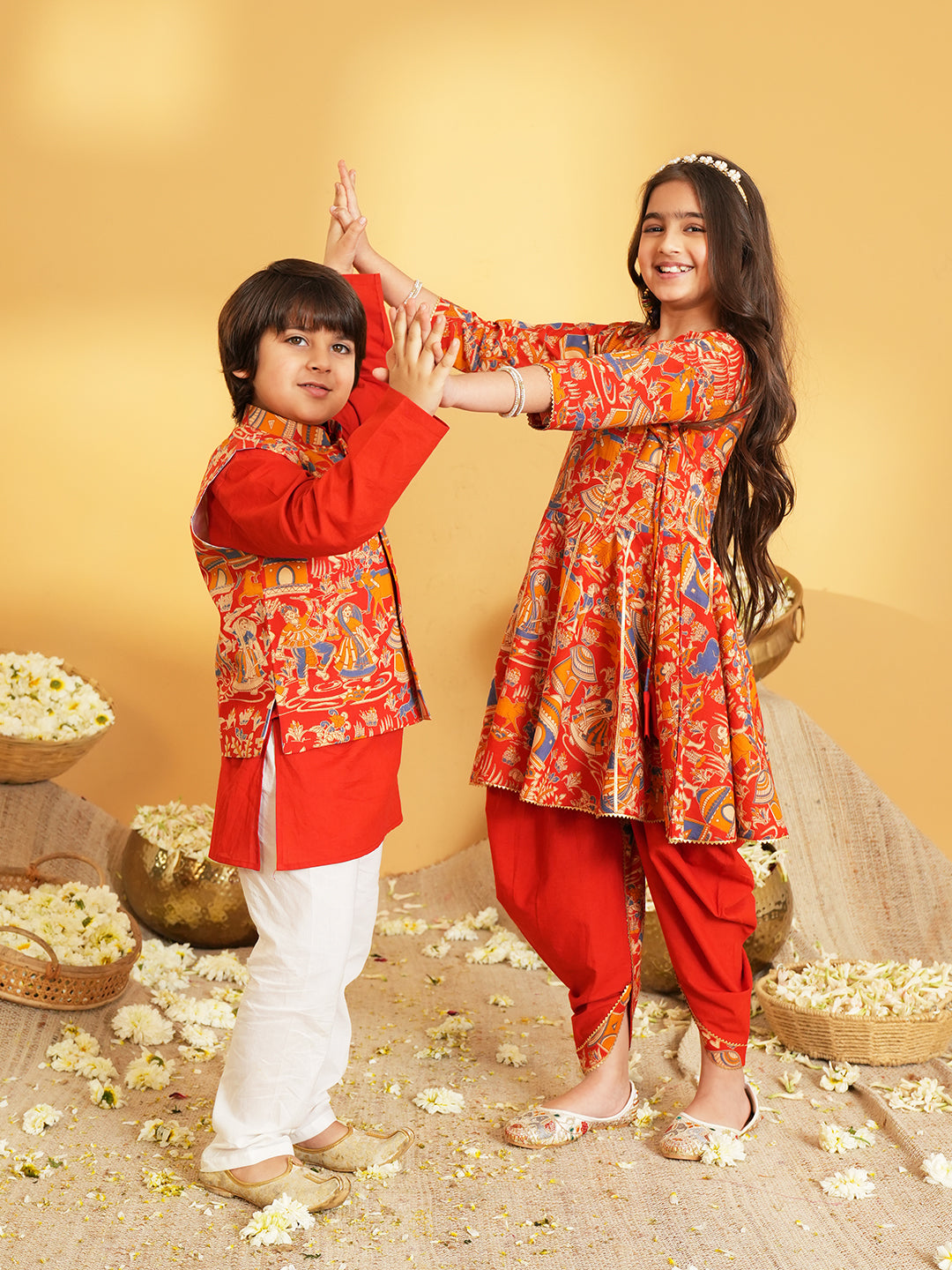 Red Printed Pure Cotton Full Sleeve Kurta Pyjama With Waist Coat Set For Kids Boy