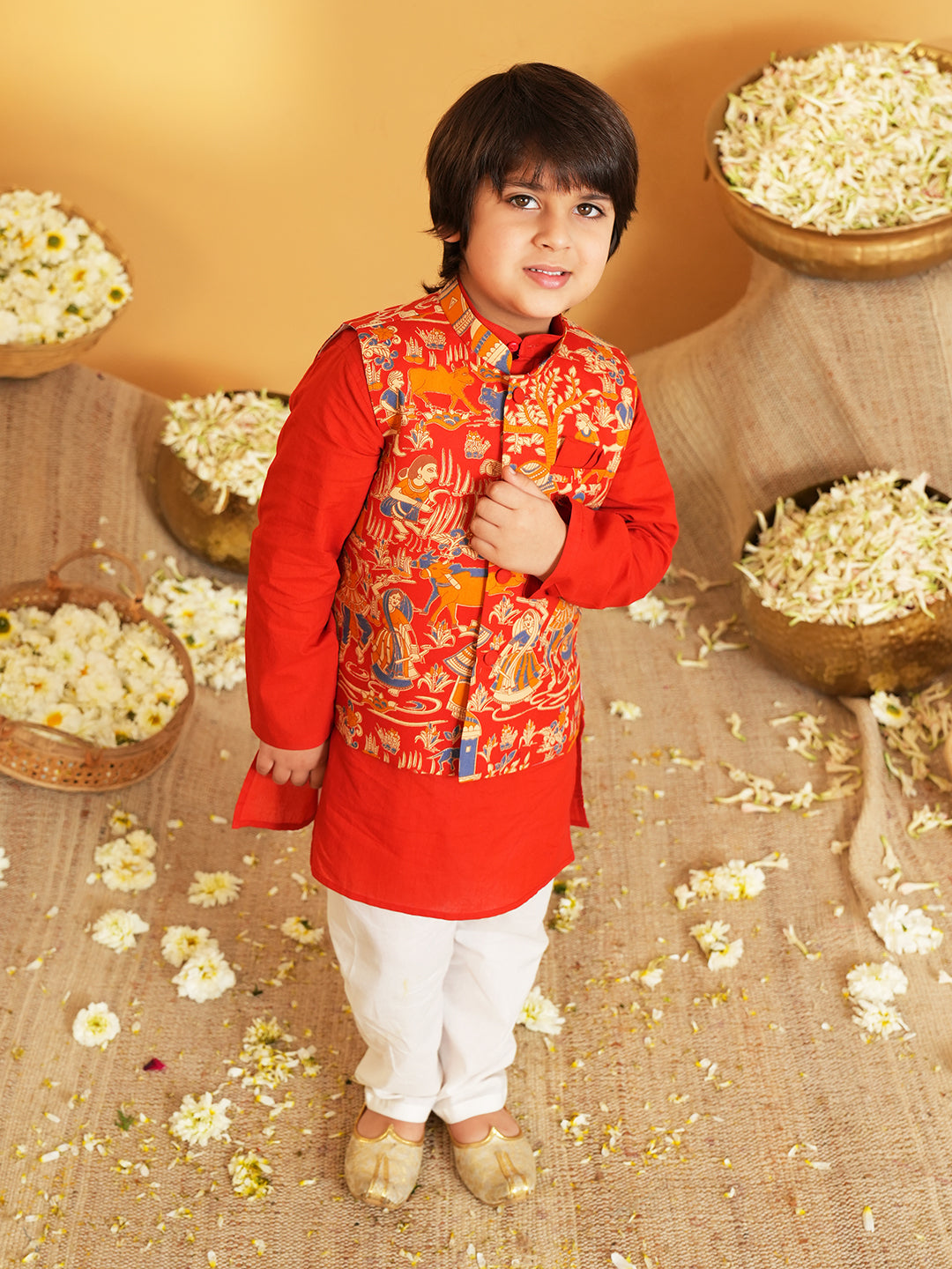 Red Printed Pure Cotton Full Sleeve Kurta Pyjama With Waist Coat Set For Kids Boy