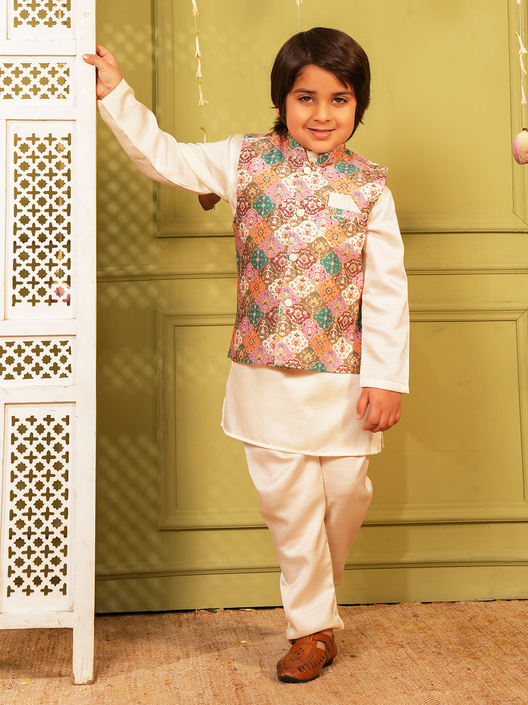 Pink Printed and Shinny Cotton Blend Kurta Pyjama Waist Coat Set For Boys