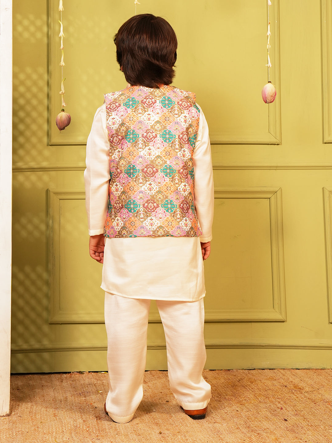 Pink Printed and Shinny Cotton Blend Kurta Pyjama Waist Coat Set For Boys
