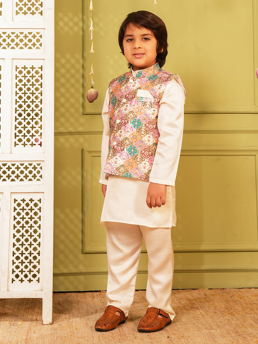 Pink Printed and Shinny Cotton Blend Kurta Pyjama Waist Coat Set For Boys