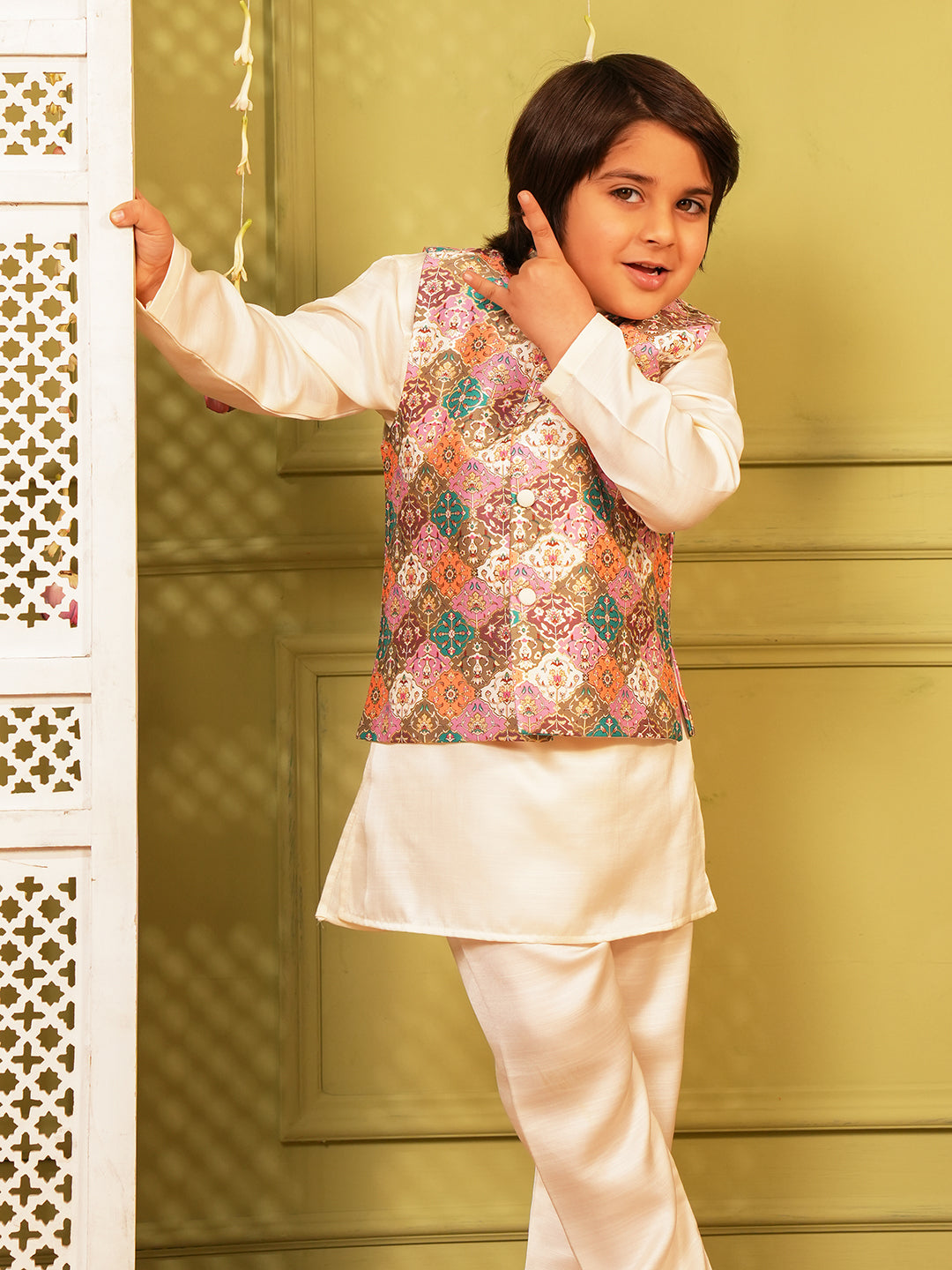 Pink Printed and Shinny Cotton Blend Kurta Pyjama Waist Coat Set For Boys