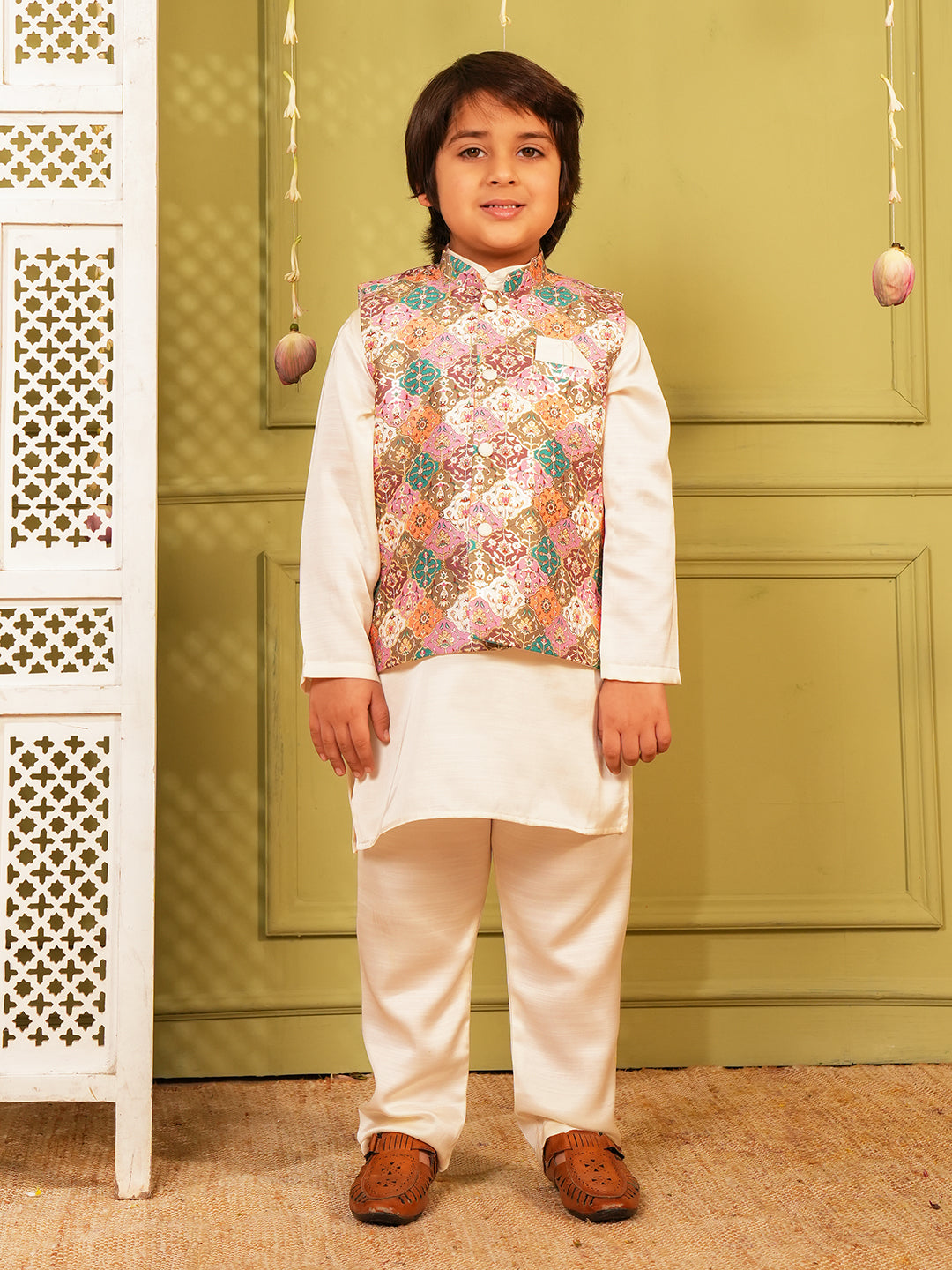 Pink Printed and Shinny Cotton Blend Kurta Pyjama Waist Coat Set For Boys