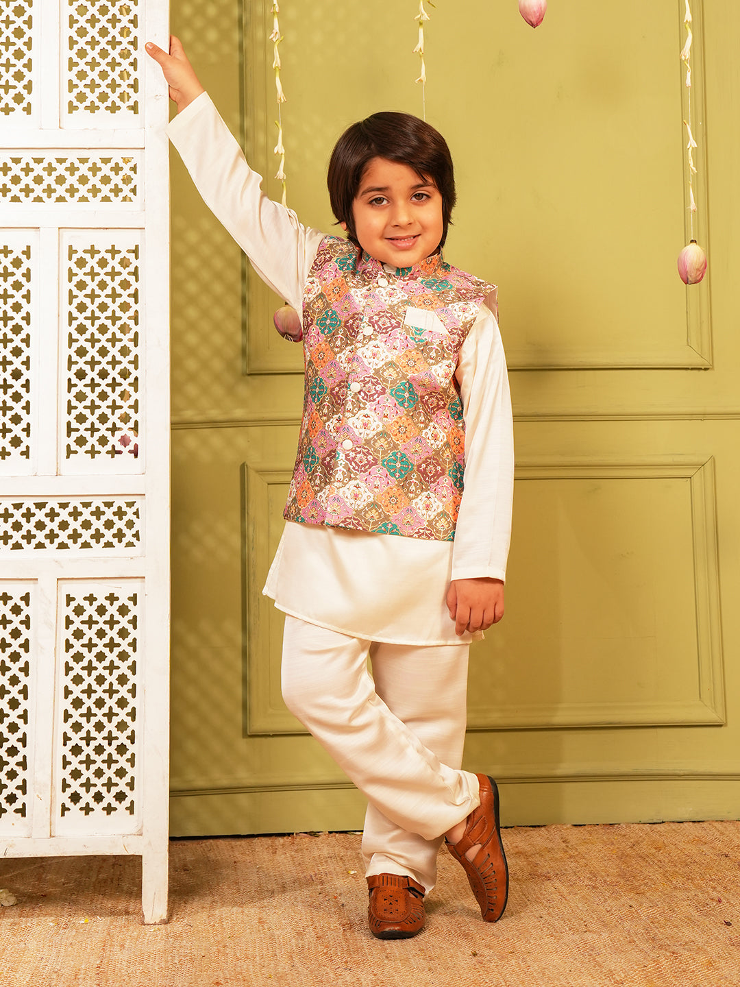 Pink Printed and Shinny Cotton Blend Kurta Pyjama Waist Coat Set For Boys