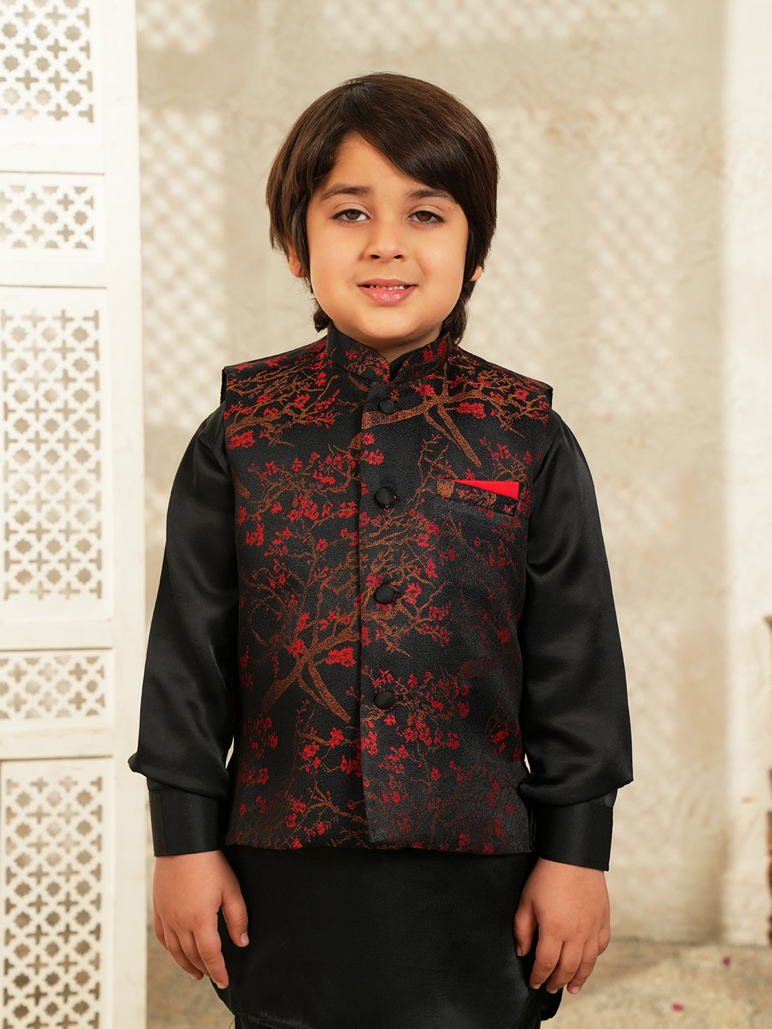 Black Embroidered Cotton Blend Kurta Pyjama Waist Coat Set For Boys