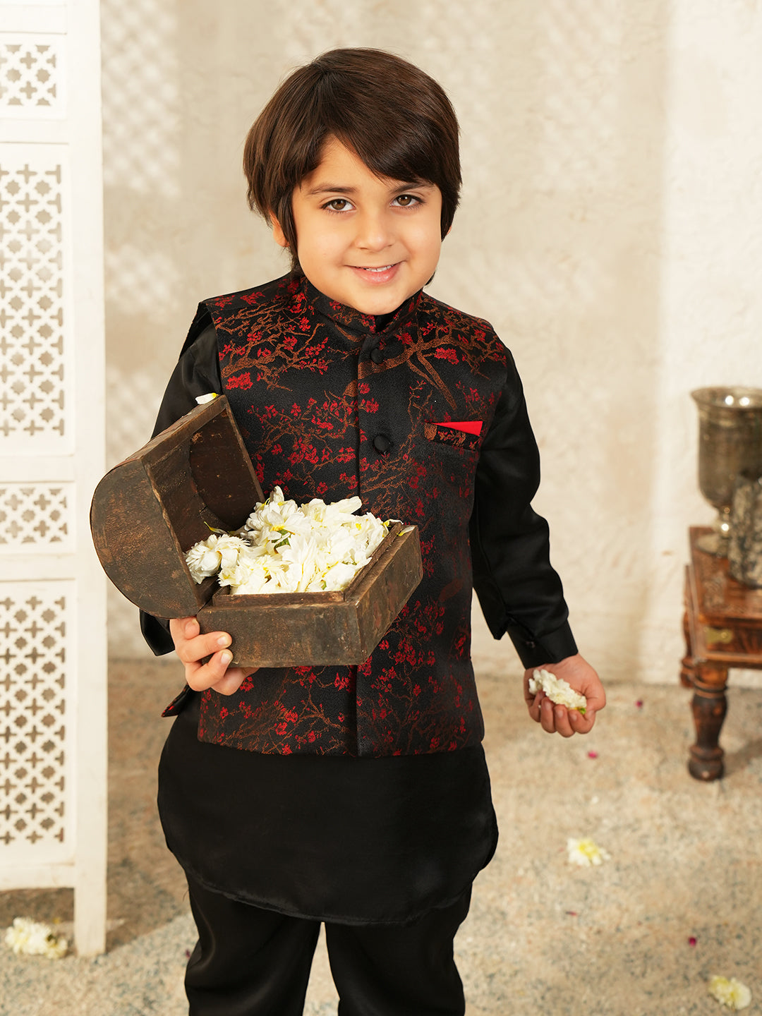 Black Embroidered Cotton Blend Kurta Pyjama Waist Coat Set For Boys