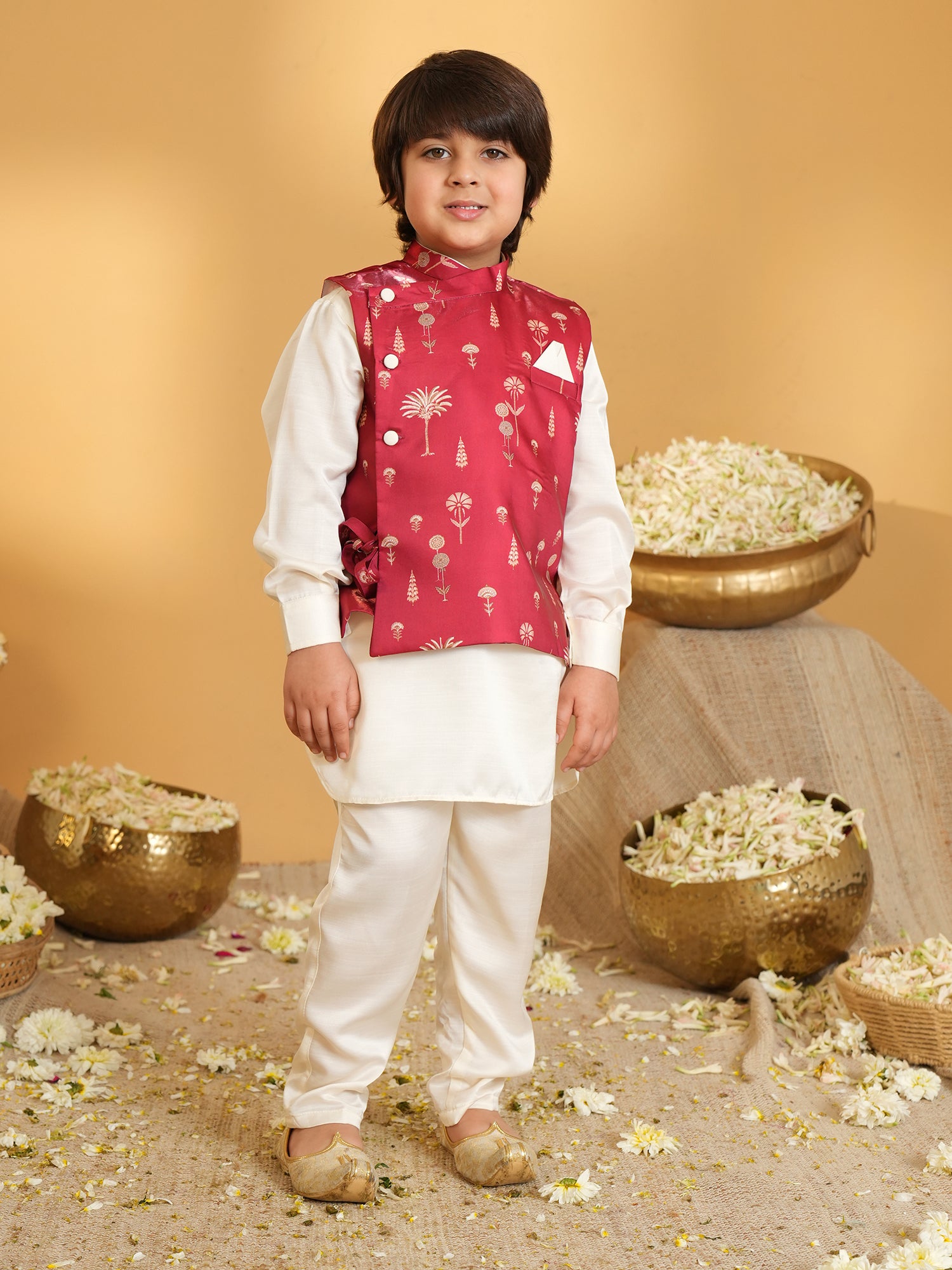 Maroon Ethnic Floral Silk Blend Kurta Pyjama Waist Coat Set For Boys