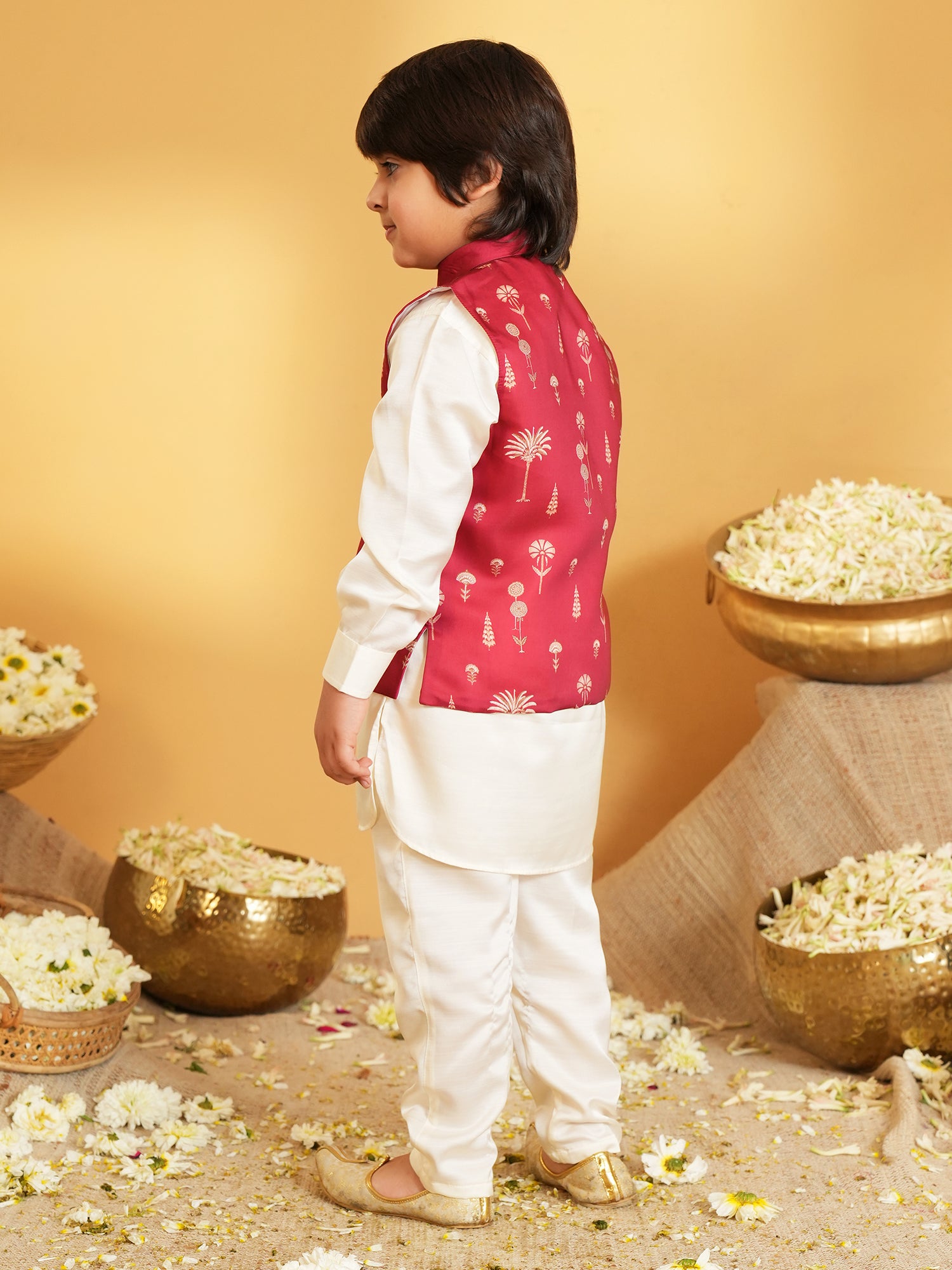 Maroon Ethnic Floral Silk Blend Kurta Pyjama Waist Coat Set For Boys