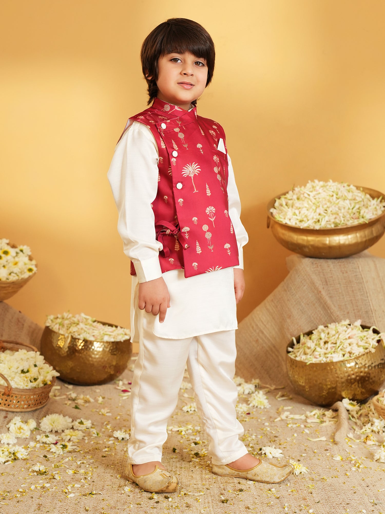 Maroon Ethnic Floral Silk Blend Kurta Pyjama Waist Coat Set For Boys