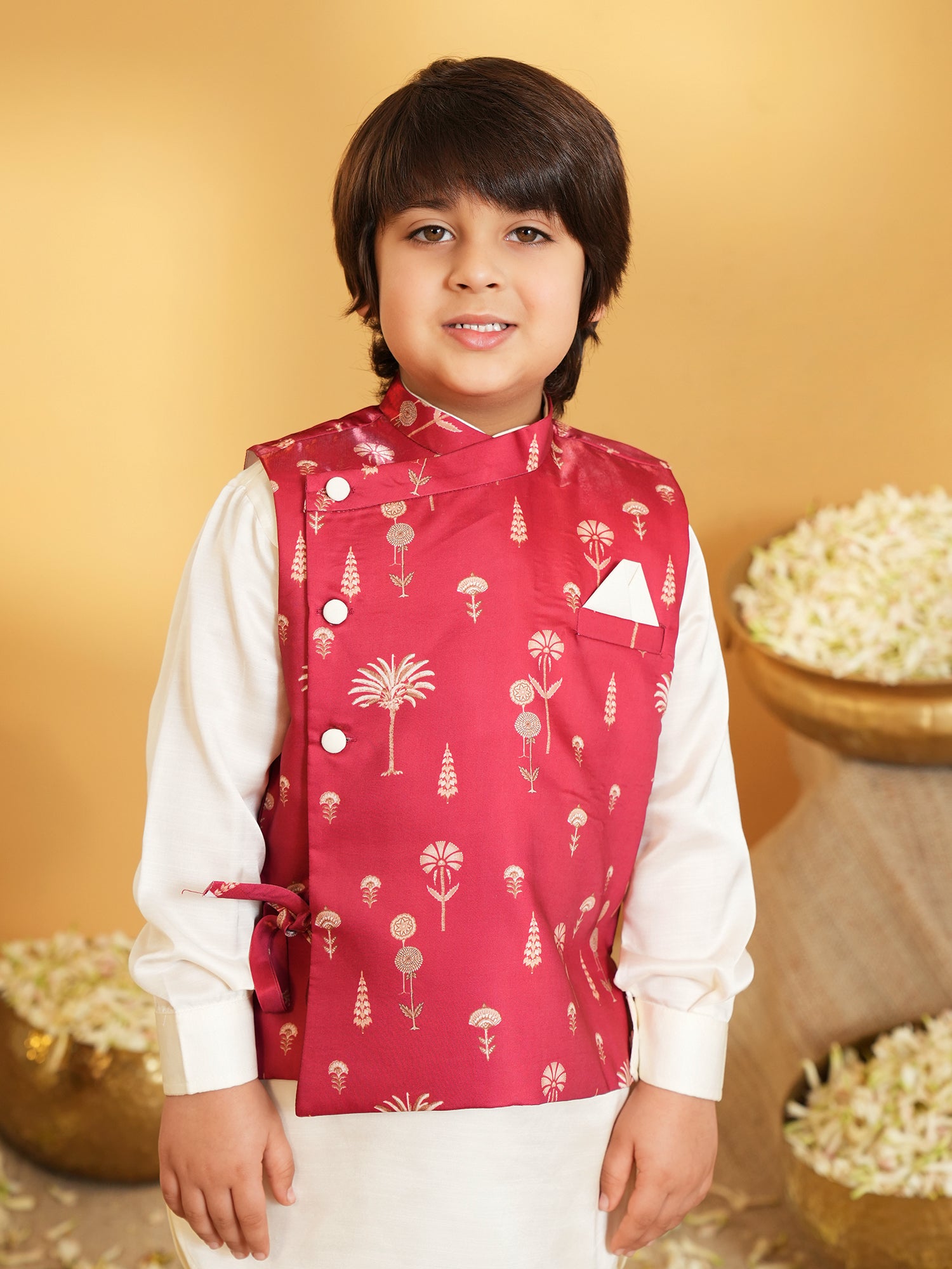 Maroon Ethnic Floral Silk Blend Kurta Pyjama Waist Coat Set For Boys