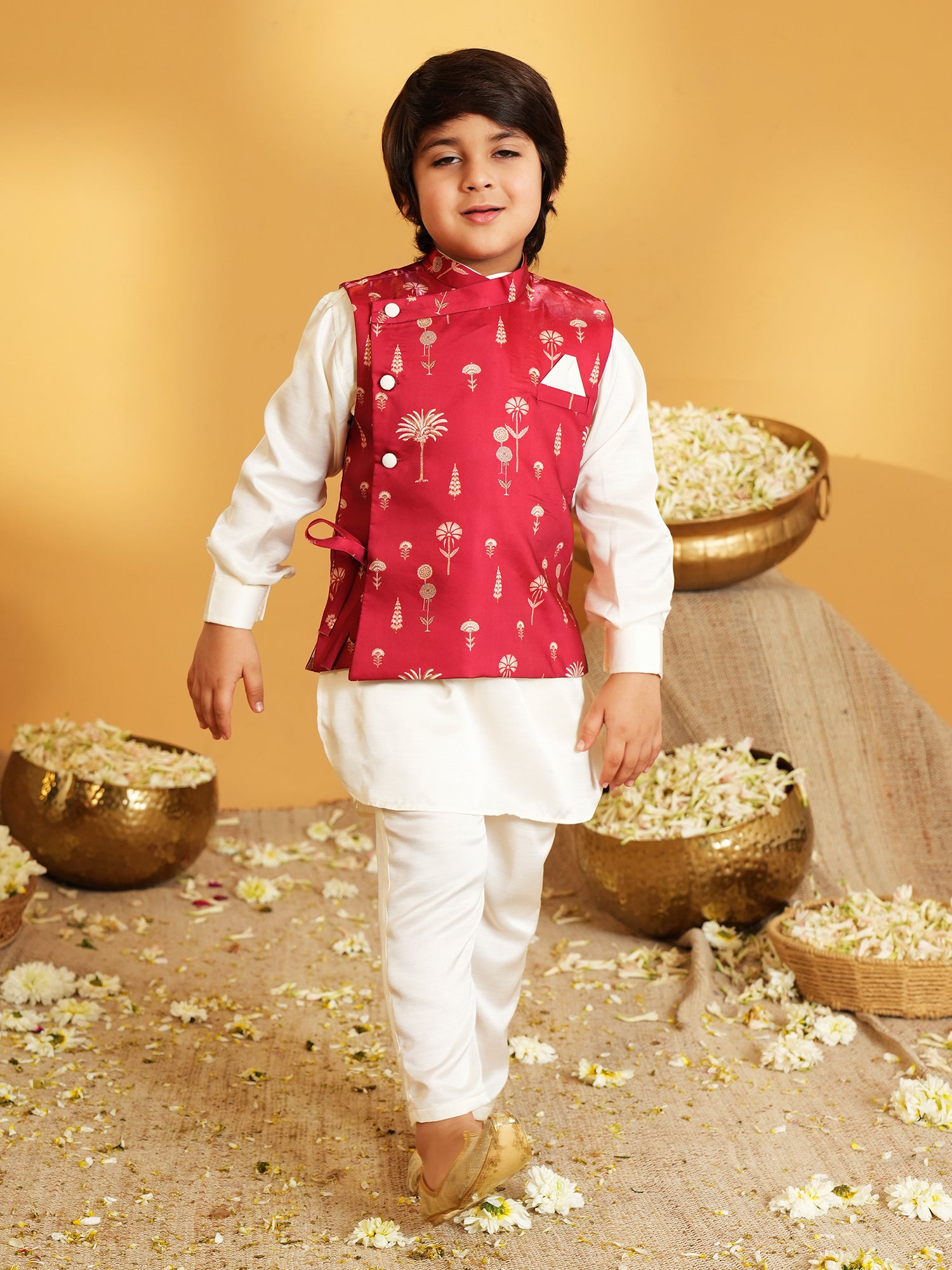 Maroon Ethnic Floral Silk Blend Kurta Pyjama Waist Coat Set For Boys