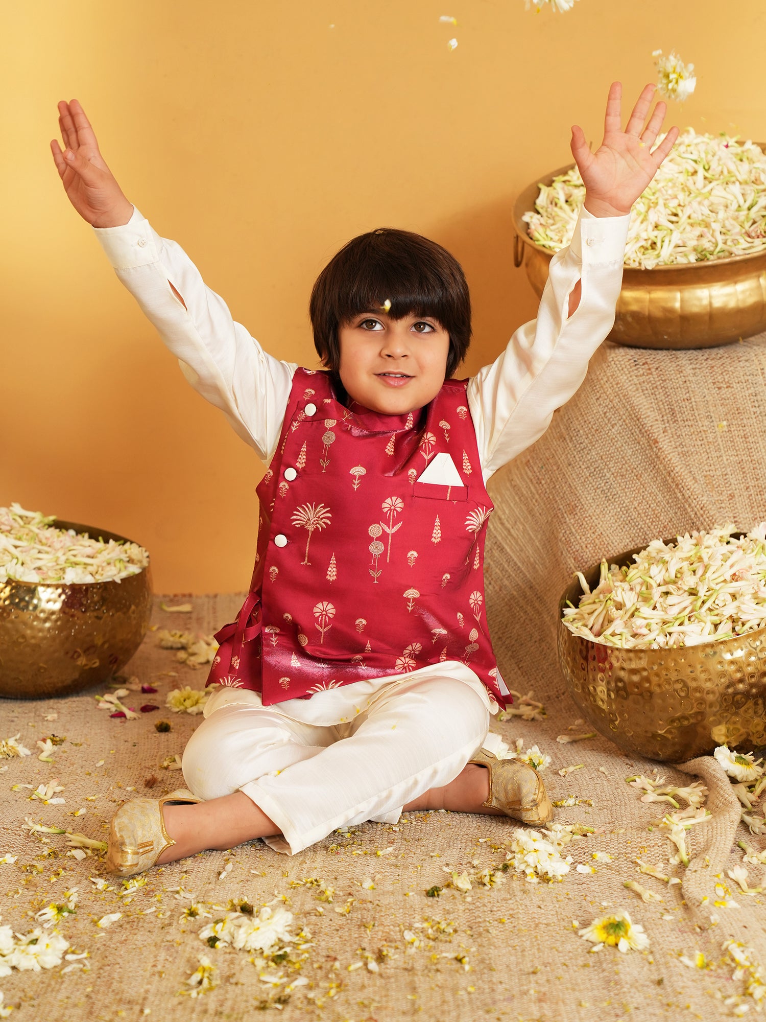 Maroon Ethnic Floral Silk Blend Kurta Pyjama Waist Coat Set For Boys