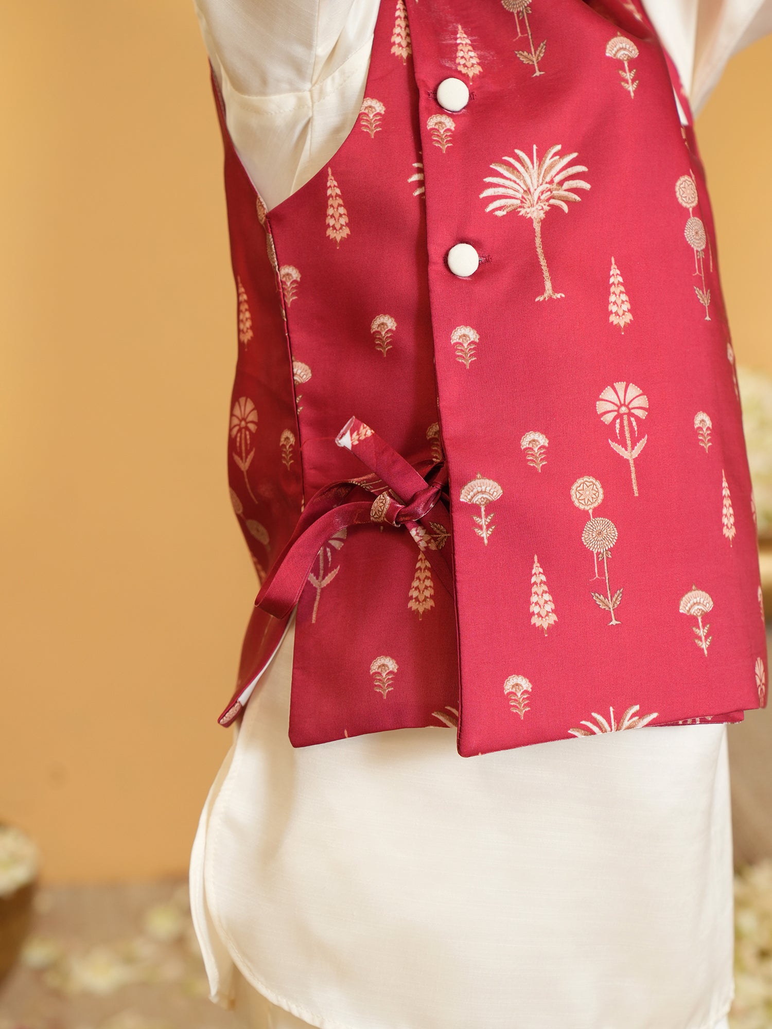 Maroon Ethnic Floral Silk Blend Kurta Pyjama Waist Coat Set For Boys