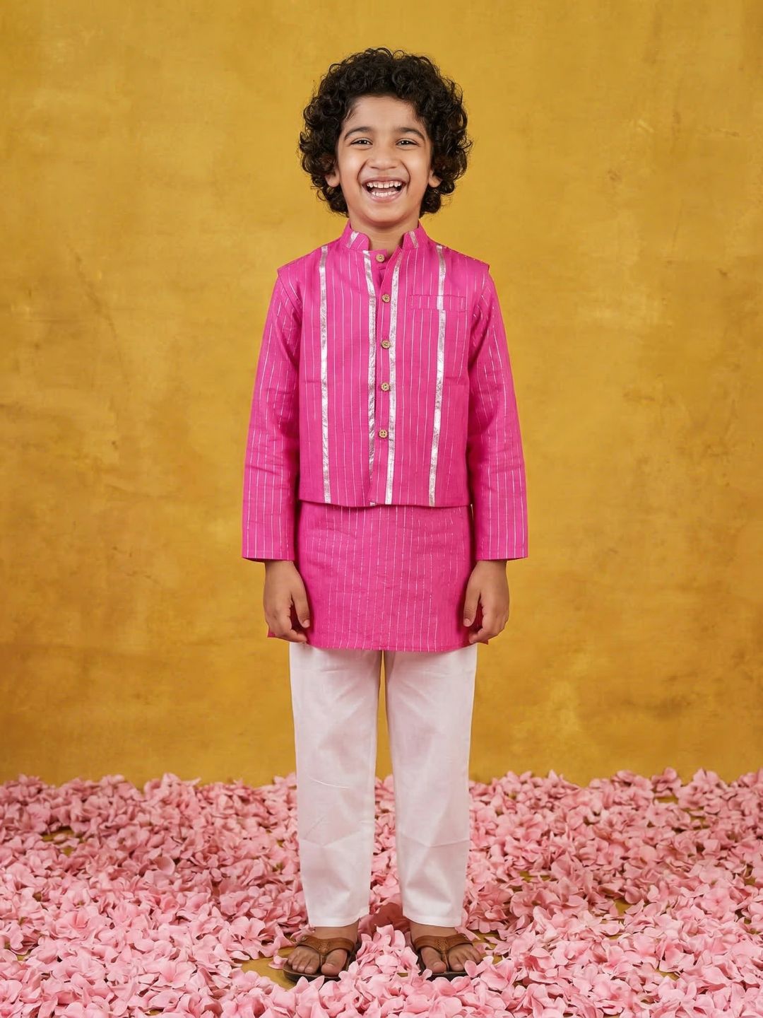 Pink Lurex Work Cotton Full Sleeve Kurta Pyjama With Waist Coat Set For Kids Boys