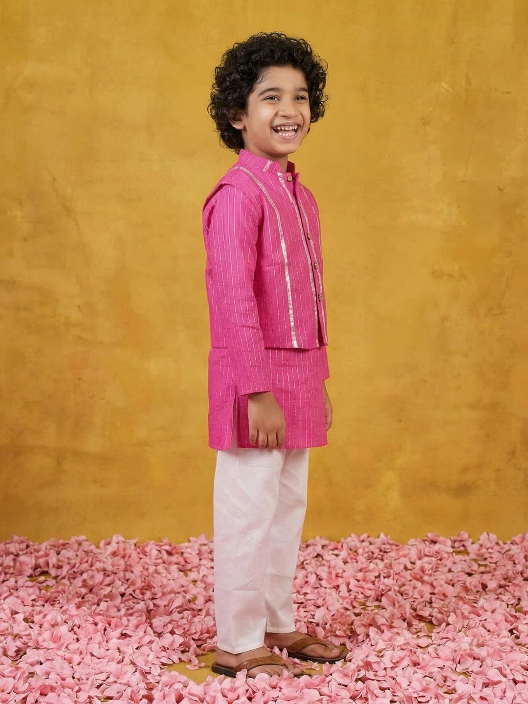 Pink Printed Pure Cotton Kurta Pyjama Waist Coat Set For Boys And Kurti and Sharara Set For Girls