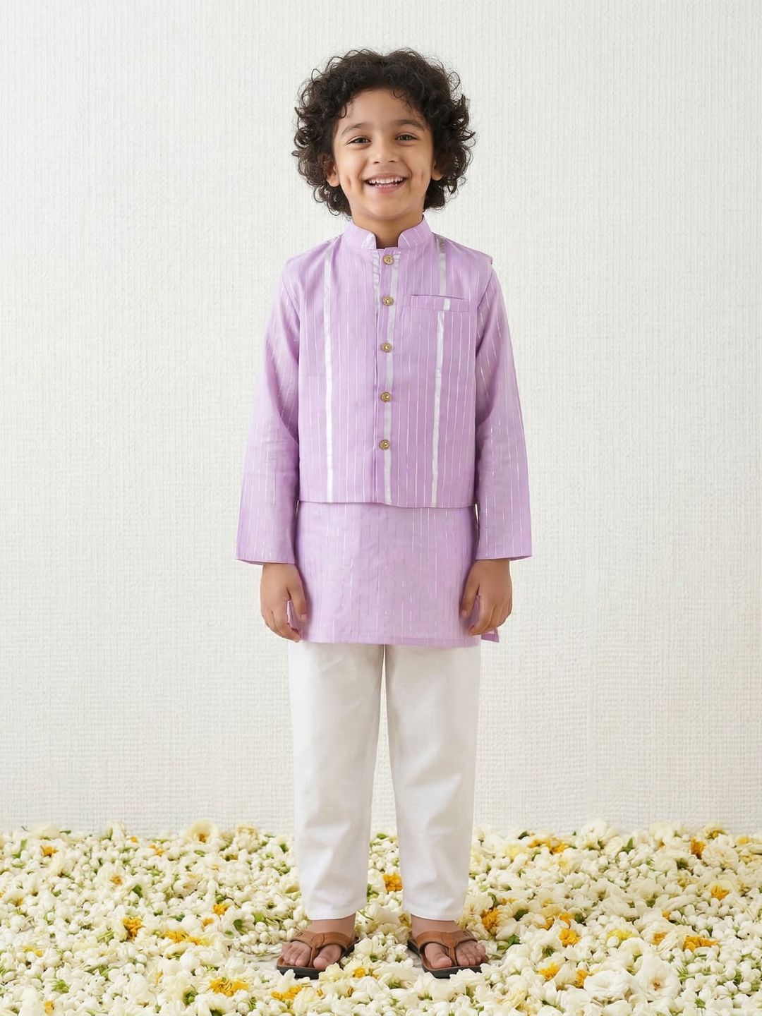 Purple Lurex Work Cotton Full Sleeve Kurta Pyjama With Waist Coat Set For Kids Boys