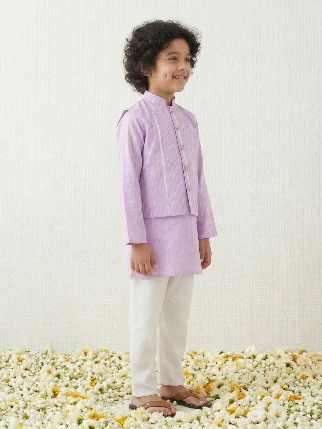 Purple Printed Pure Cotton Kurta Pyjama Waist Coat Set For Boys And Kurti and Sharara Set For Girls