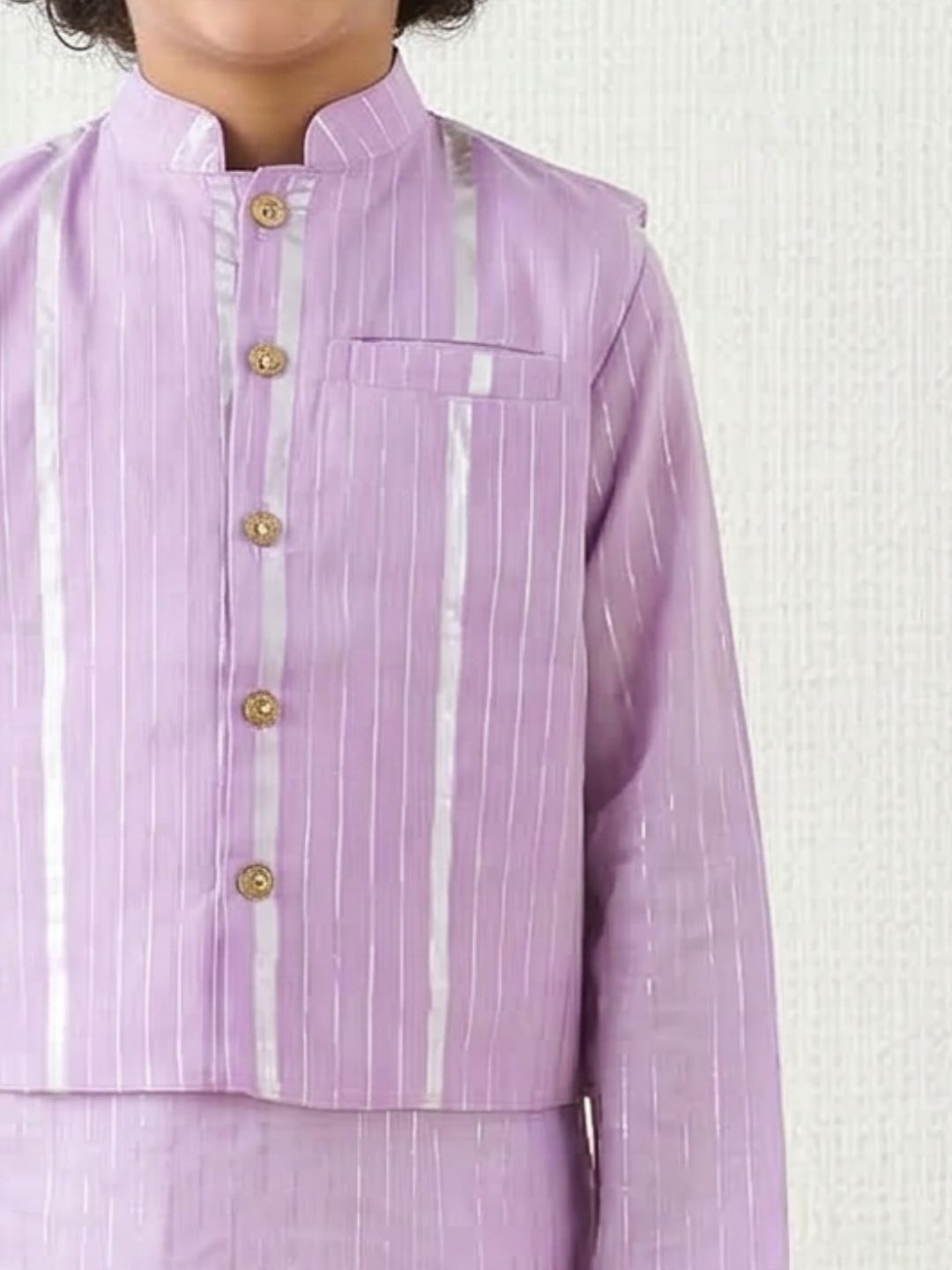 Purple Lurex Work Cotton Full Sleeve Kurta Pyjama With Waist Coat Set For Kids Boys