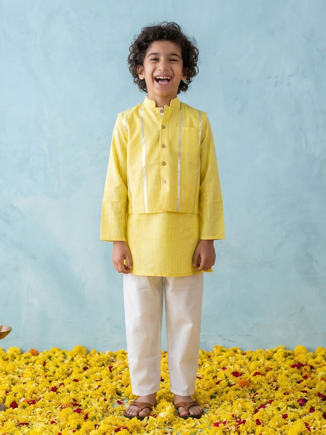 Yellow Lurex Work Cotton Full Sleeve Kurta Pyjama With Waist Coat Set For Kids Boys