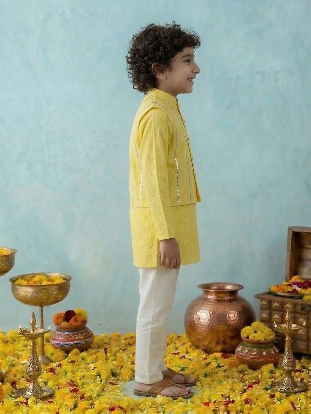 Yellow Lurex Work Cotton Full Sleeve Kurta Pyjama With Waist Coat Set For Kids Boys