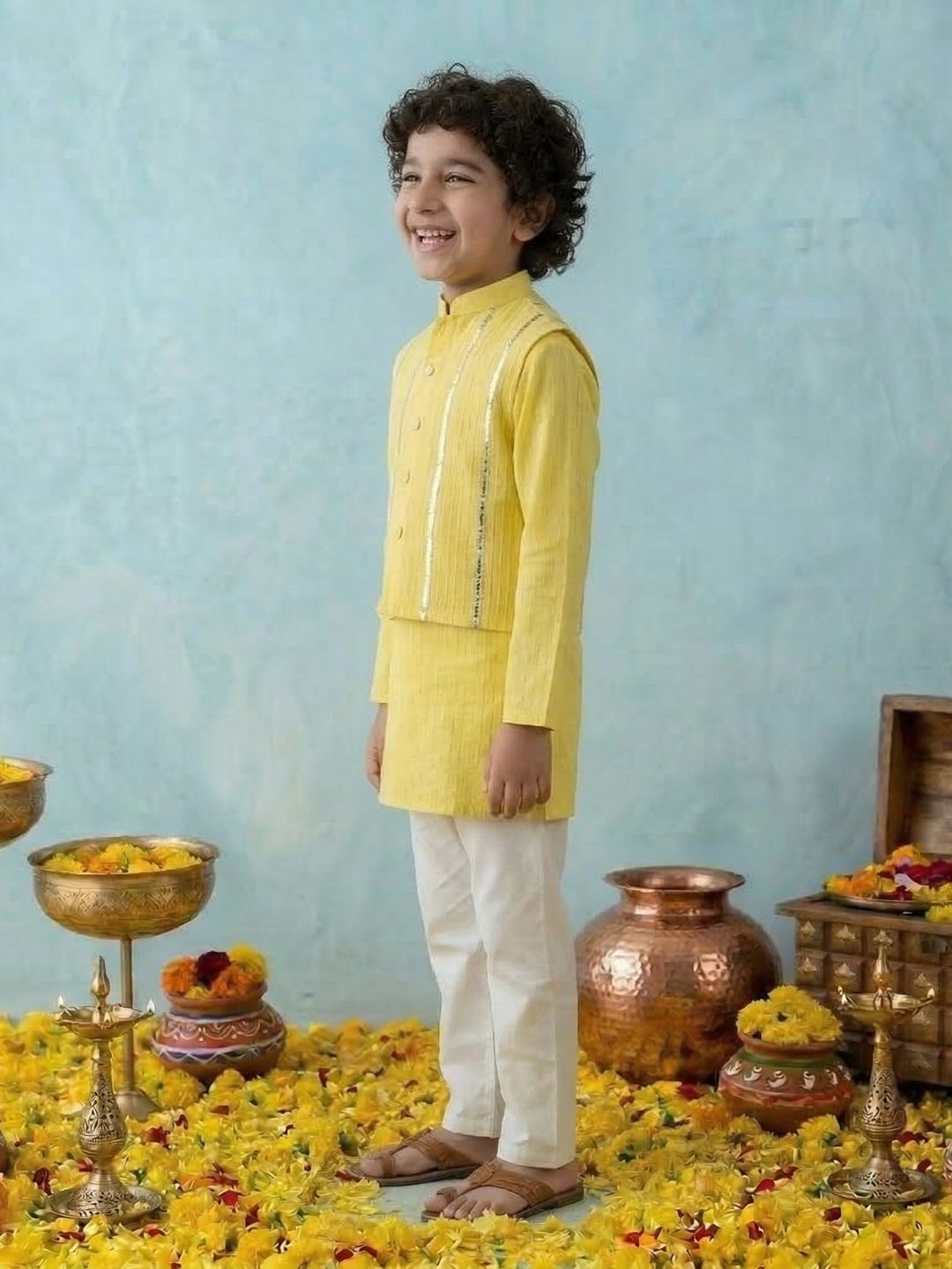 Yellow Lurex Work Cotton Full Sleeve Kurta Pyjama With Waist Coat Set For Kids Boys