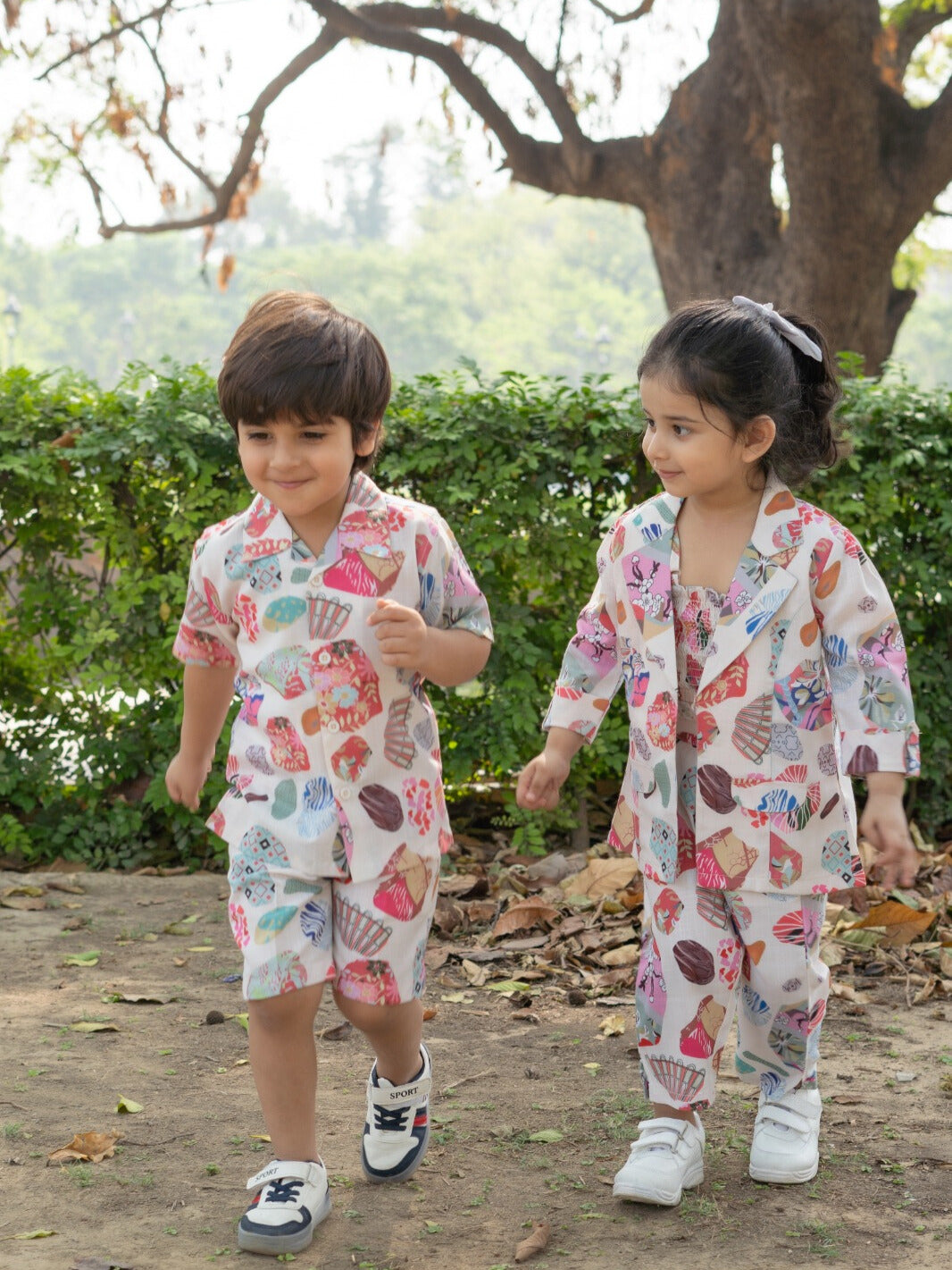 Boys Pure Cotton shirts with Shorts and Girls Crop Top With Trousers & Jacket Sibling Co Ords sets-Pink - AJ Dezines