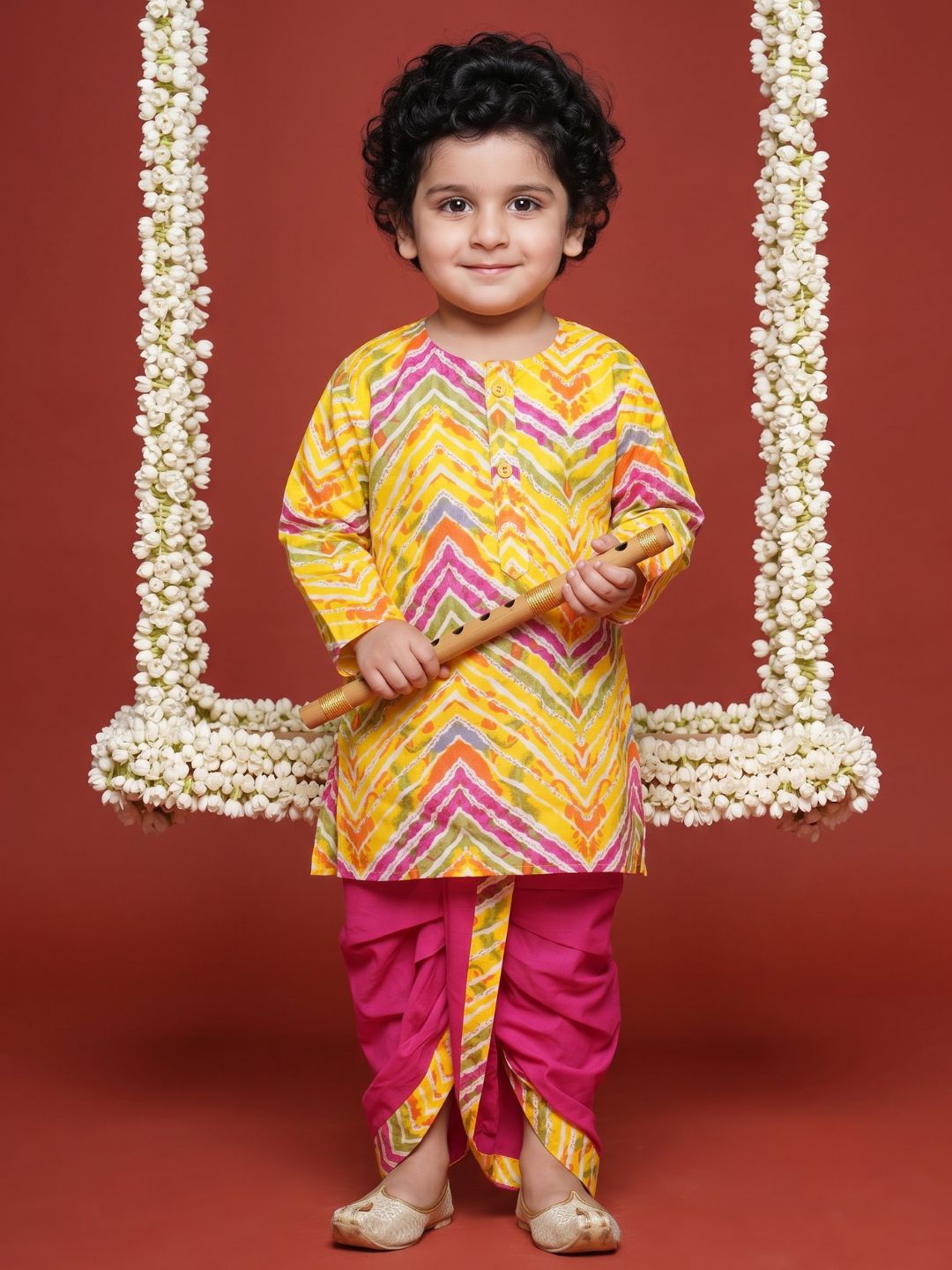 Kids Boys Pink Printed Pure Cotton Dhoti Set