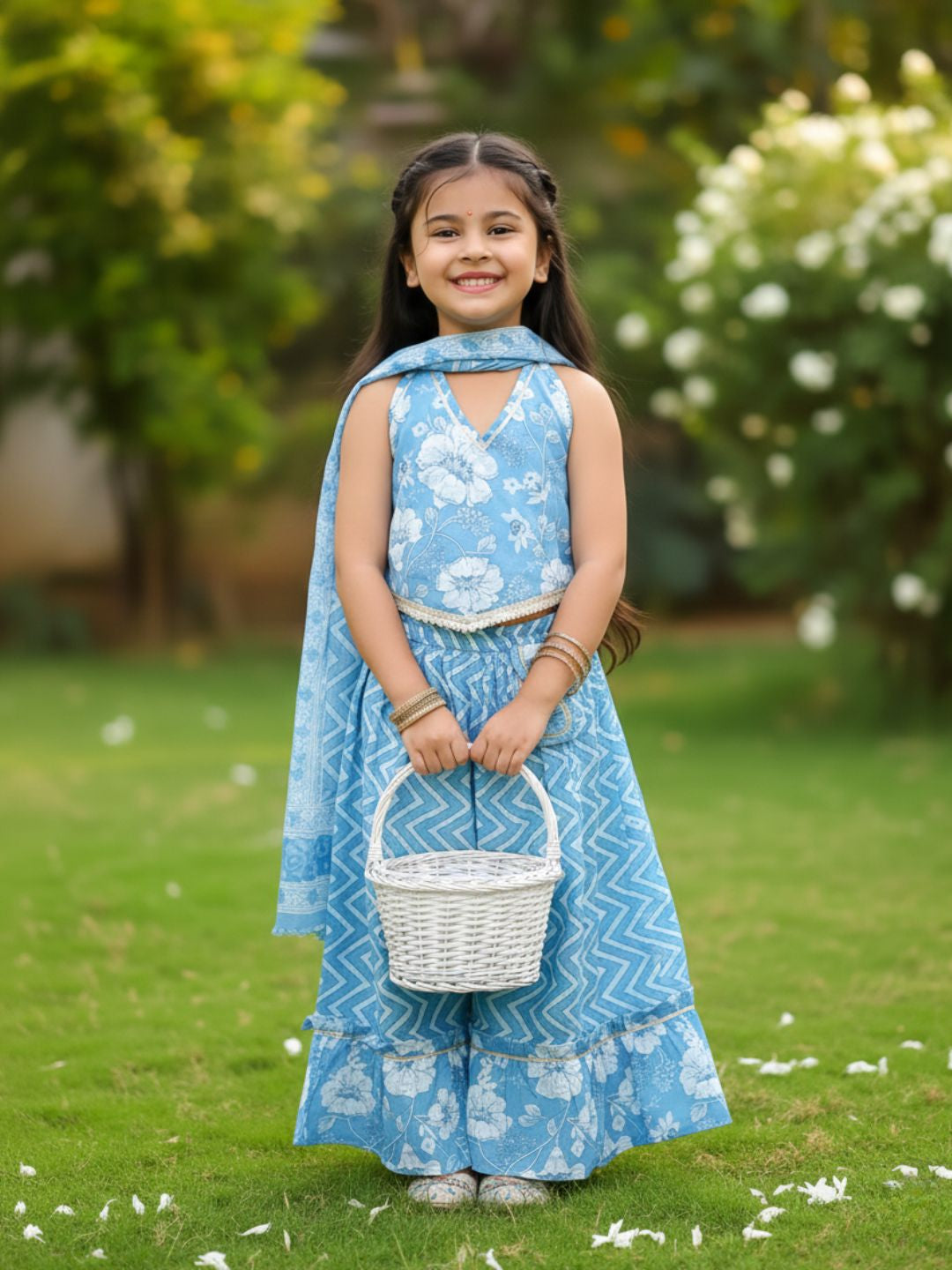 Blue Cotton Sleeveless Floral Printed Lehenga Choli for Girls - AJ Dezines