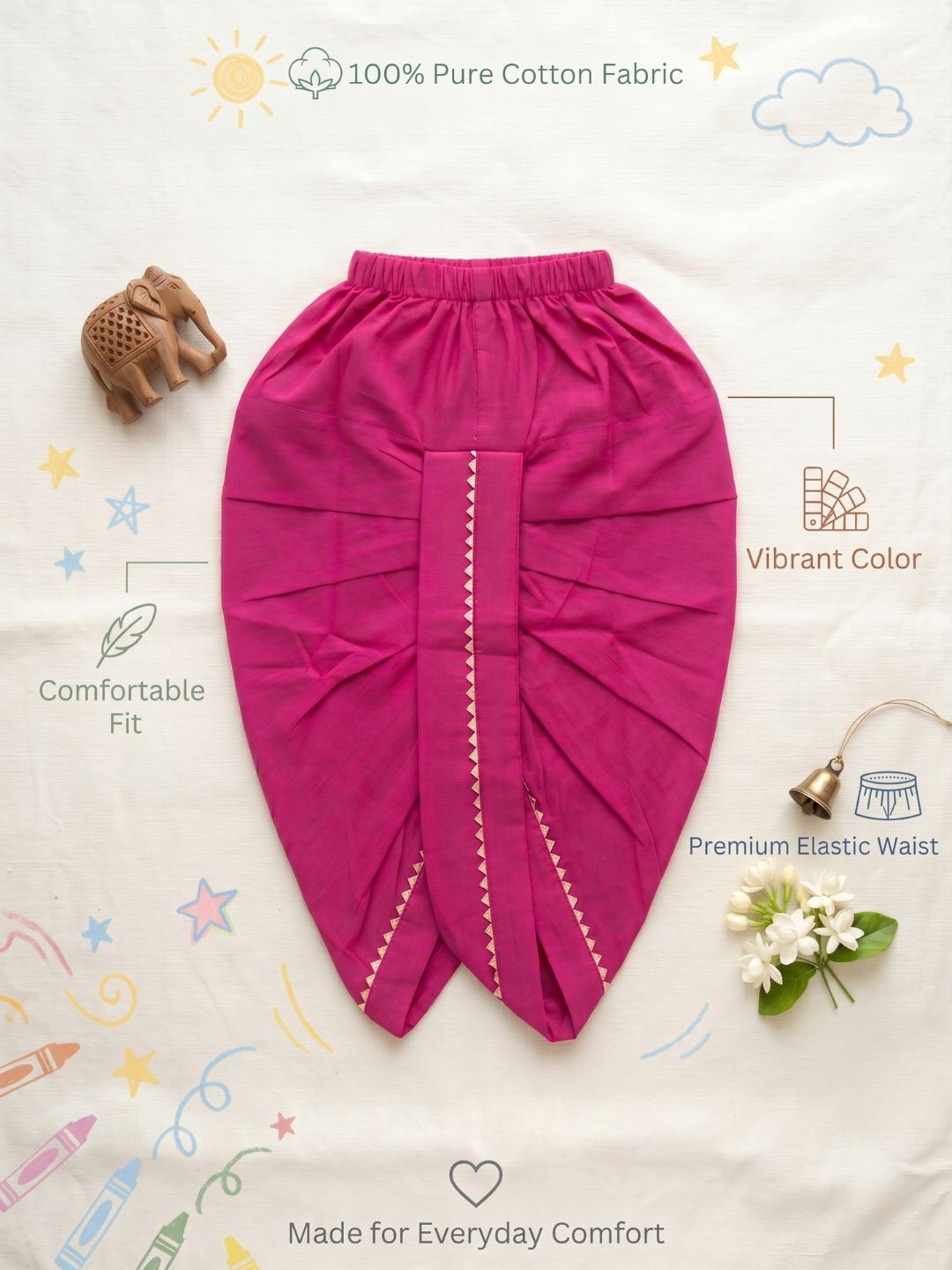 Pink Solid with Gotta Lace Pure Cotton Traditional Ethnic Wear Dhoti For Kids Boys