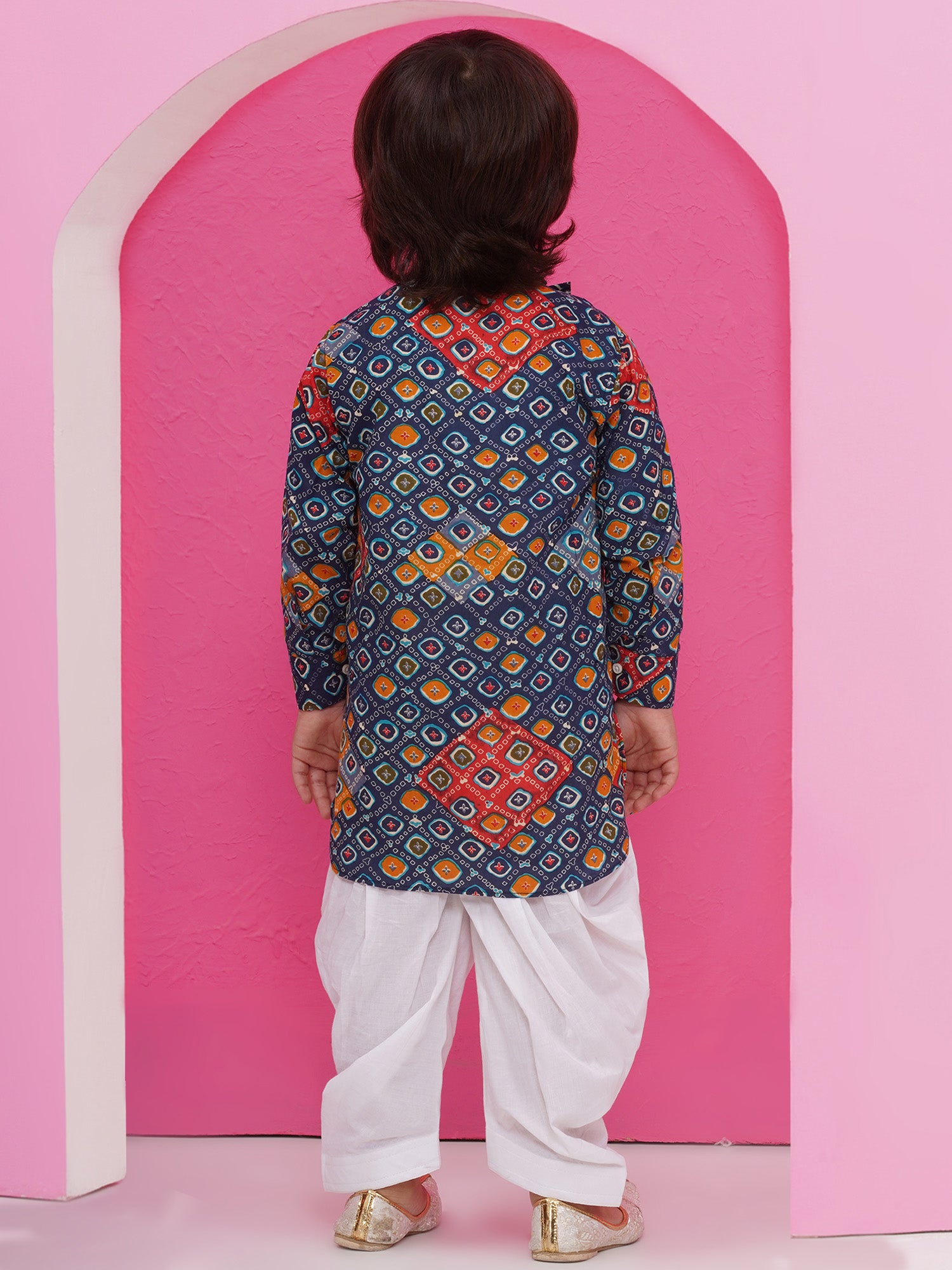 Dark Blue Cotton Full Sleeves Printed Kurta Pyjama Set For Boys - AJ Dezines