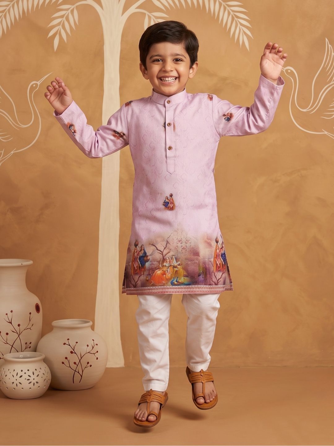 Pink Mythological Print Cotton Blend Kurta Pyjama Set For Boys