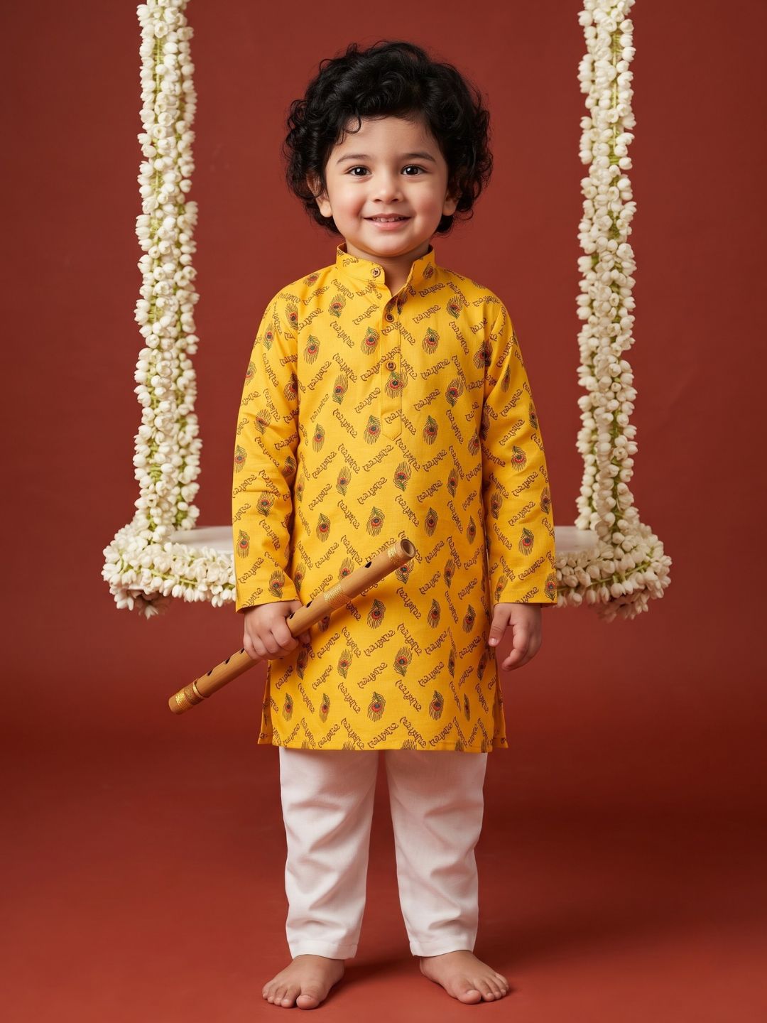 Boys Yellow Cotton Full sleeves Krishna Printed Kurta Pyjama Set