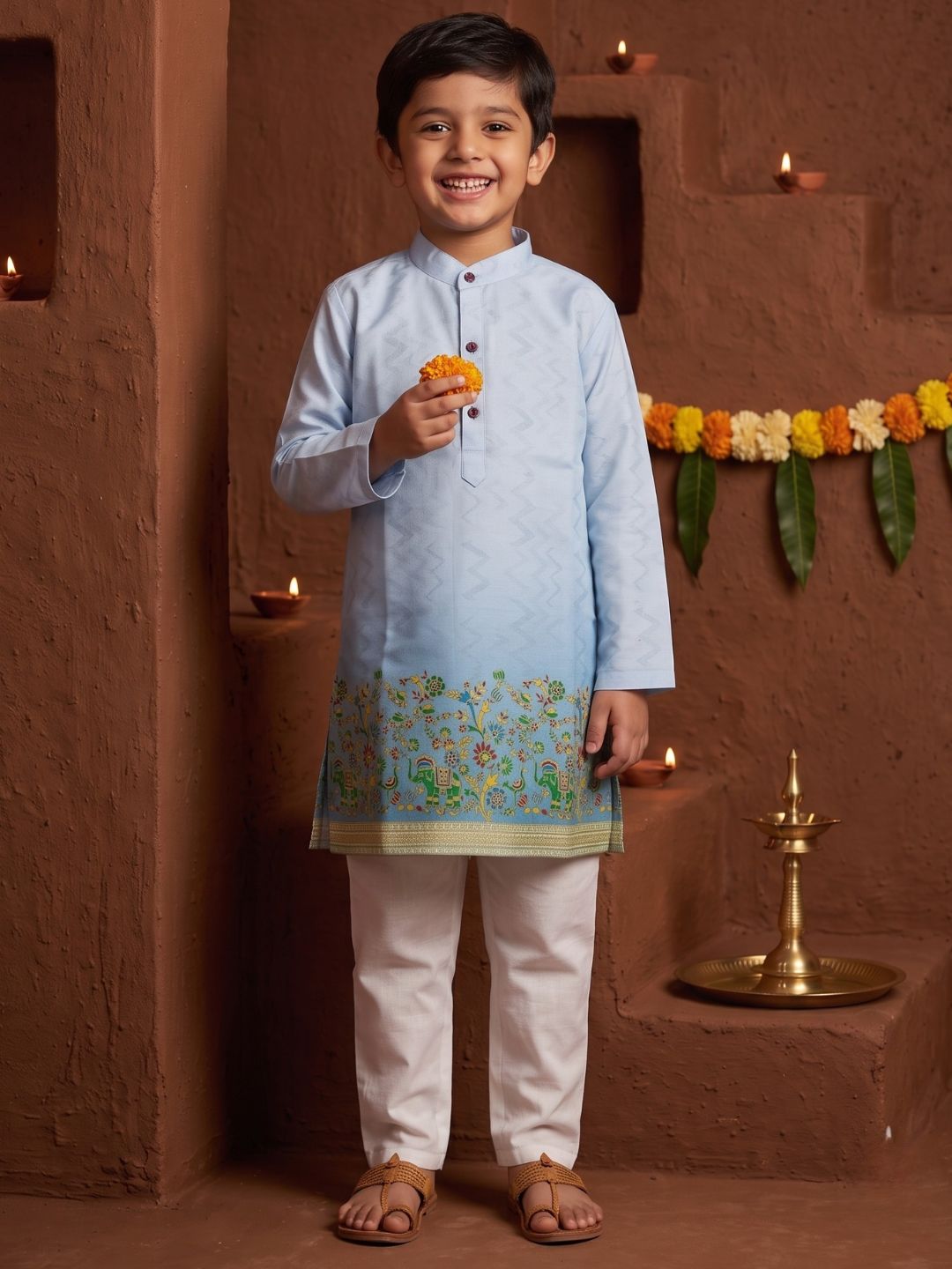 Blue Elephant Printed Cotton Blend Kurta Pyjama Set For Boys