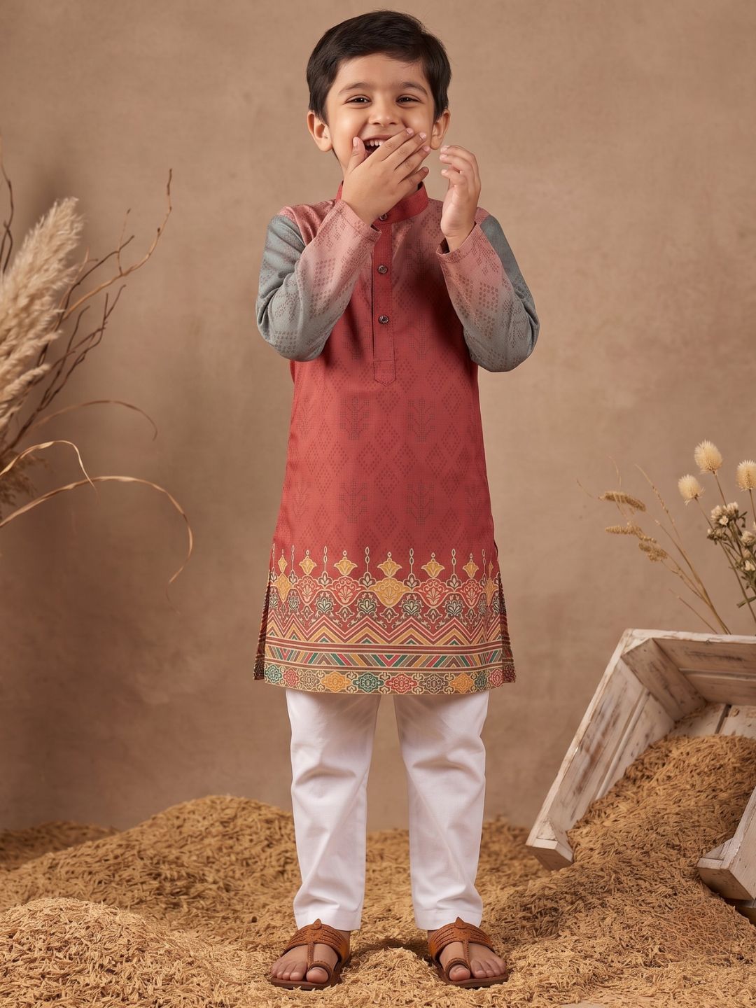 Red Ethnic Print Cotton Blend Kurta Pyjama Set For Boys