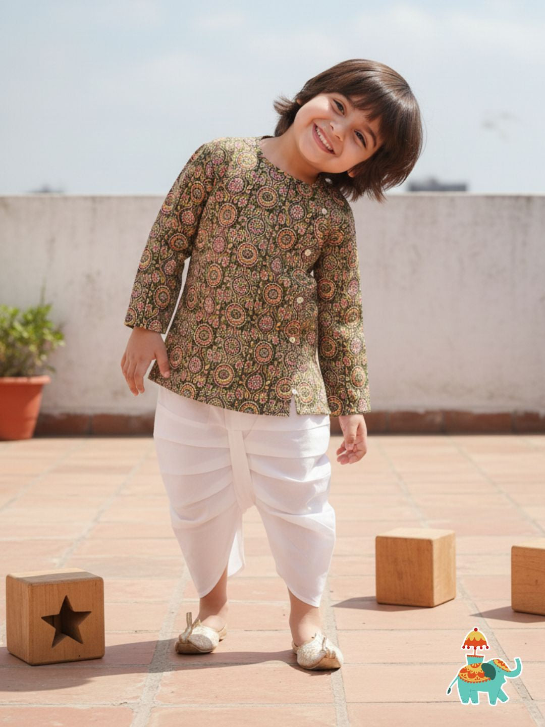 Holi Green Pure Cotton Full Sleeves Abstract Print Dhoti Set For Boys - AJ Dezines