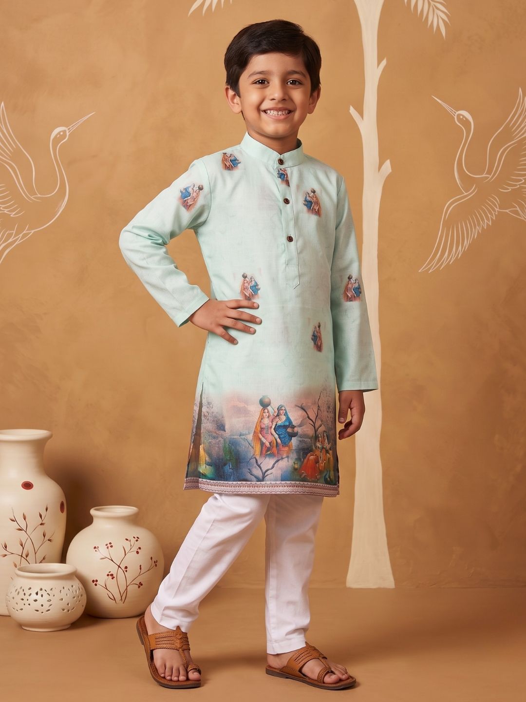 Green Mythological Print Cotton Blend Kurta Pyjama Set For Boys