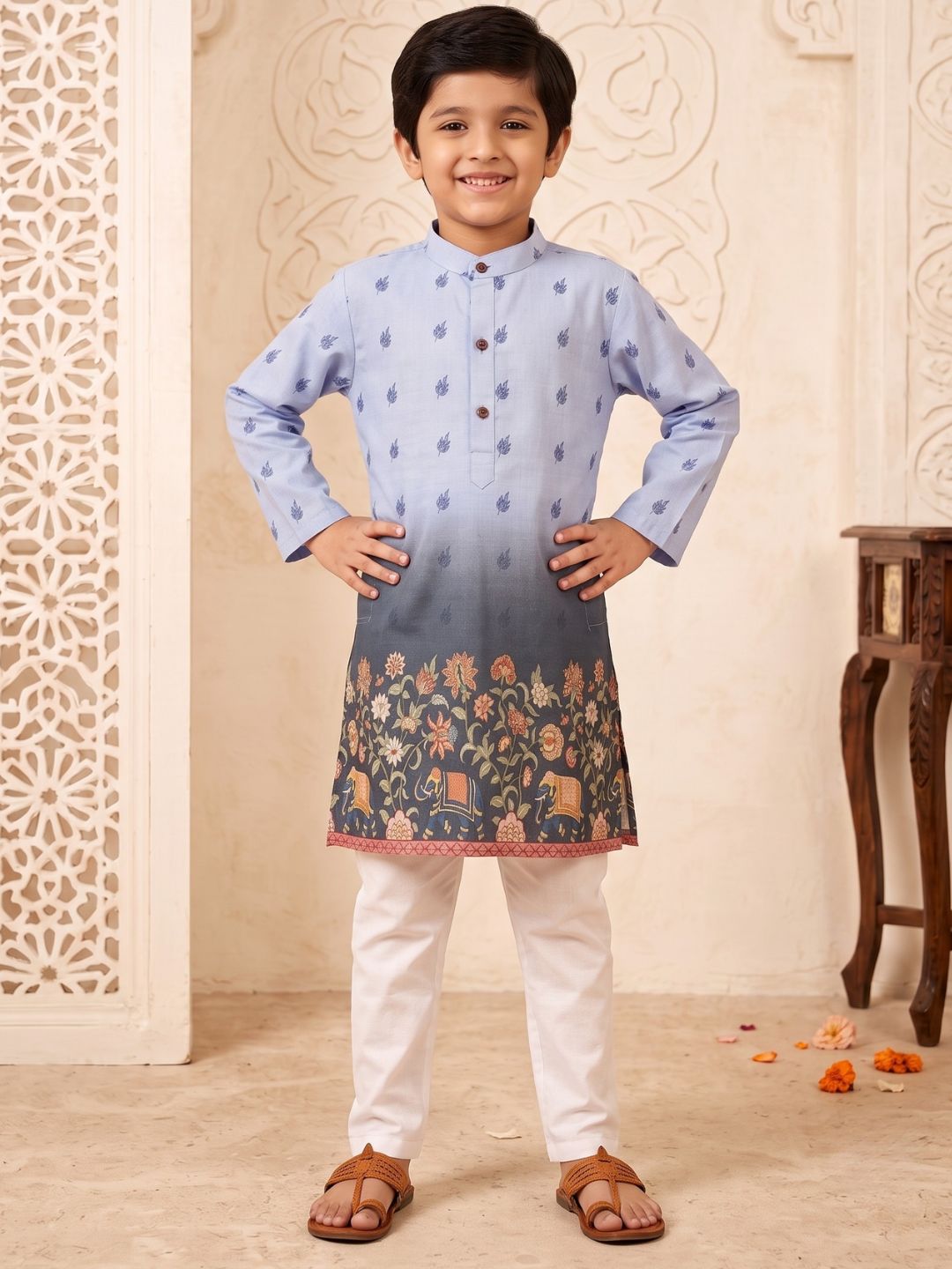 Blue Floral Elephant Printed Cotton Blend Kurta Pyjama Set For Boys