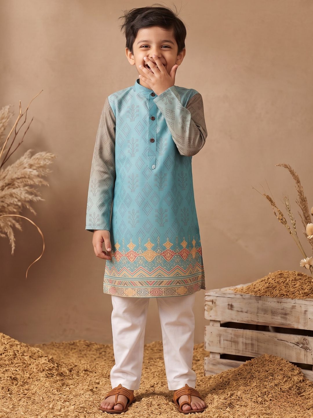 Sky Blue Ethnic Print Cotton Blend Kurta Pyjama Set For Boys